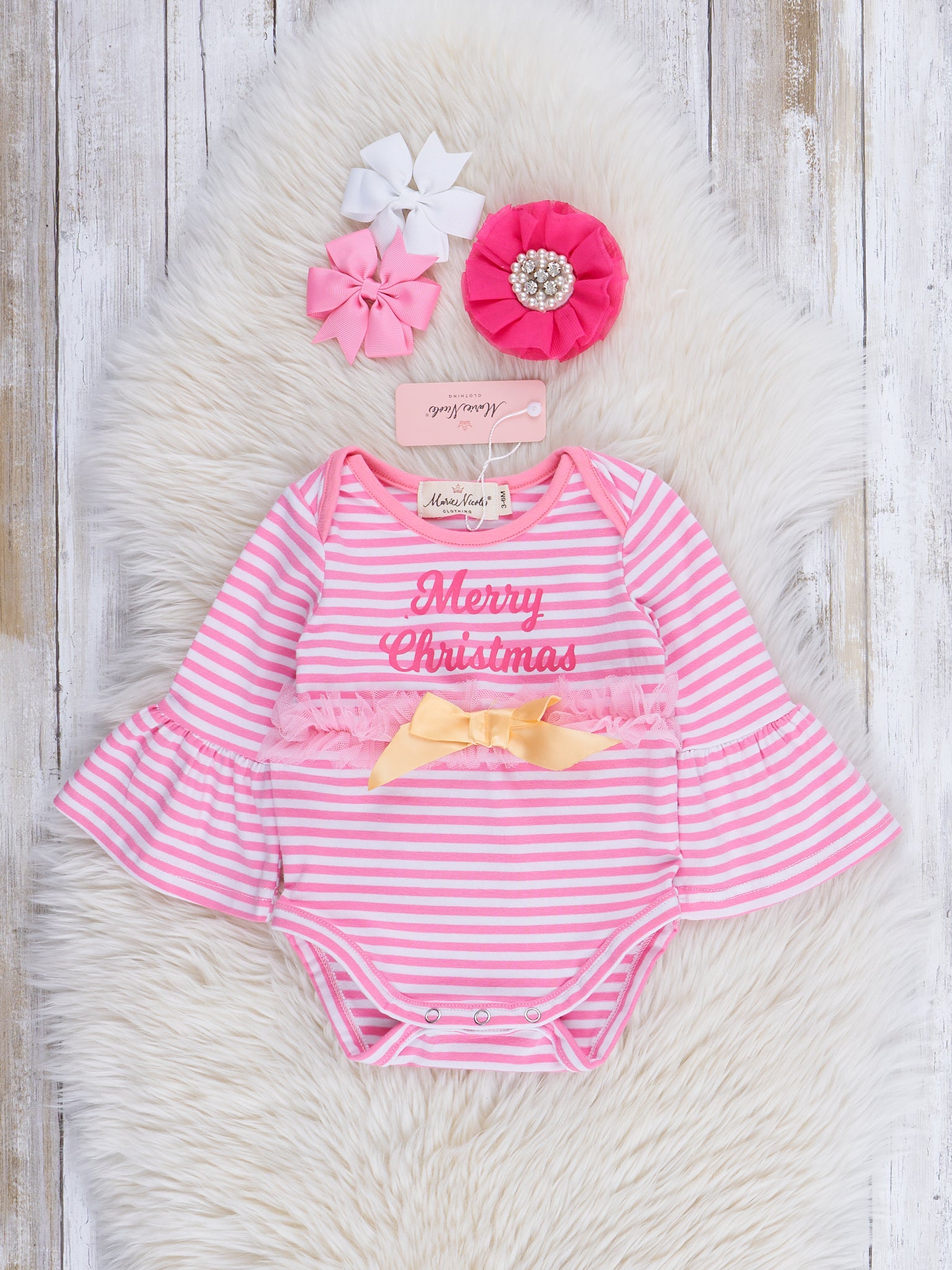 Pink Stripe Embroidered "Merry Christmas" Tulle Bubble Romper - Marie Nicole Clothing