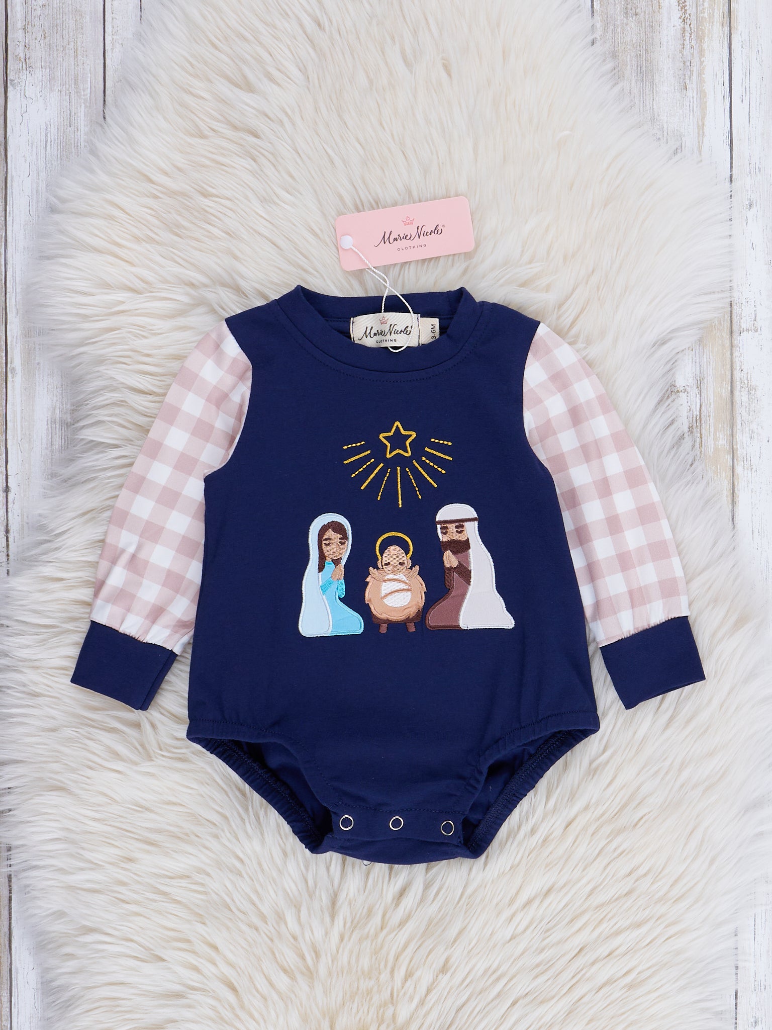 Midnight Blue & Tan Gingham Embroidered Nativity Bubble Romper - Marie Nicole Clothing
