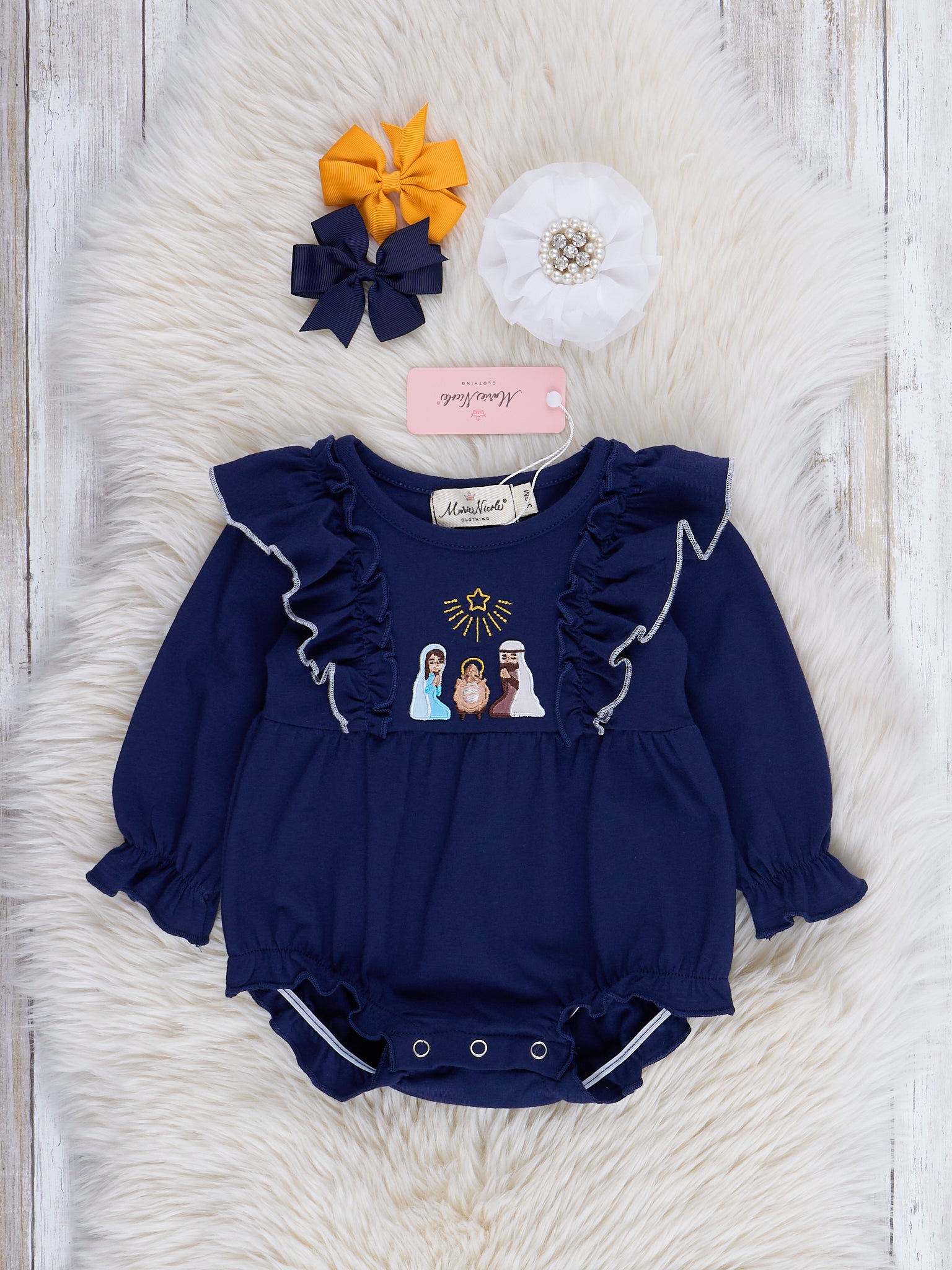 Midnight Blue & Tan Gingham Embroidered Nativity Ruffle Bubble Romper - Marie Nicole Clothing