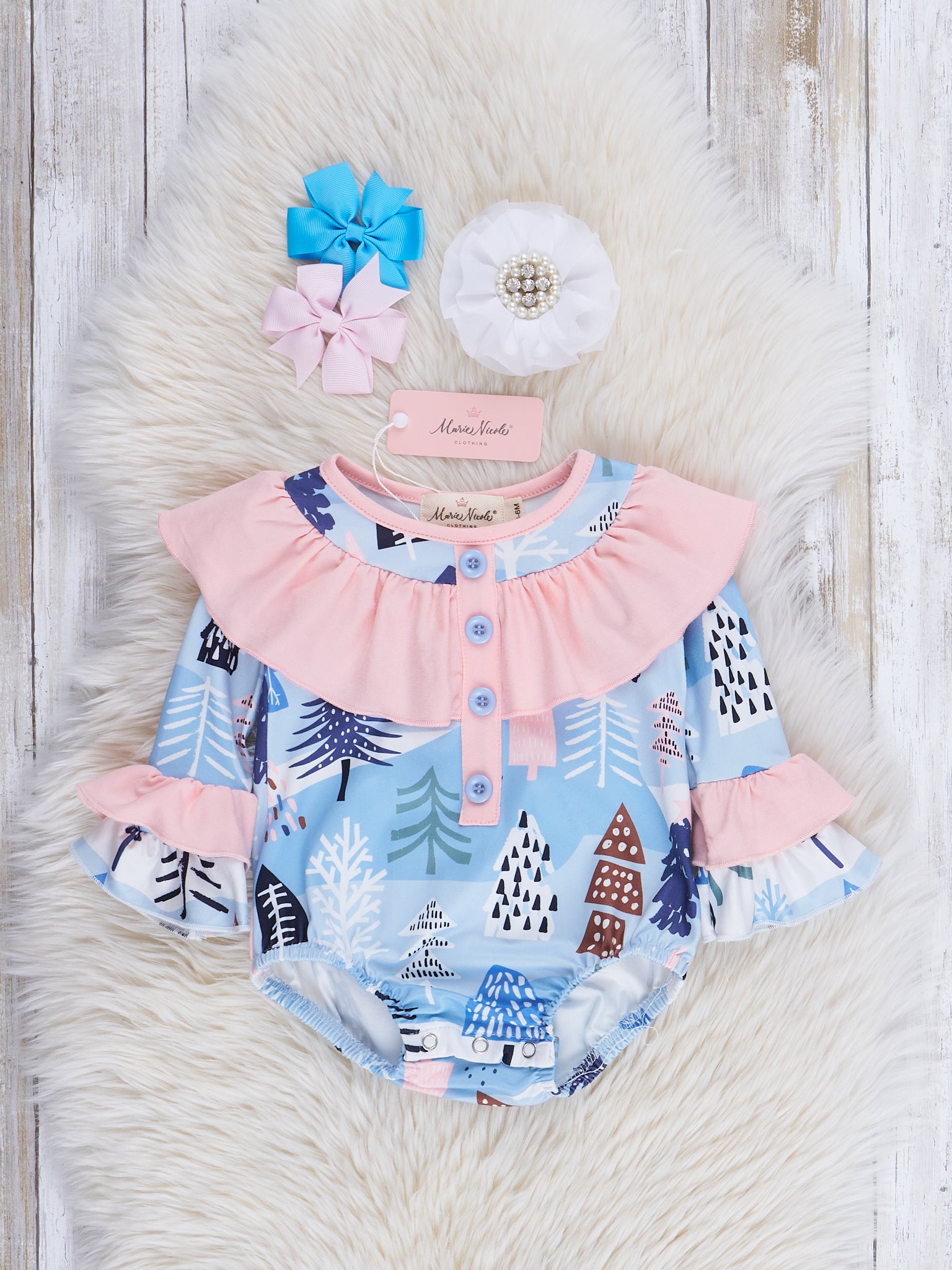 Peach & Blue Ski Village Ruffle Bubble Romper - Marie Nicole Clothing