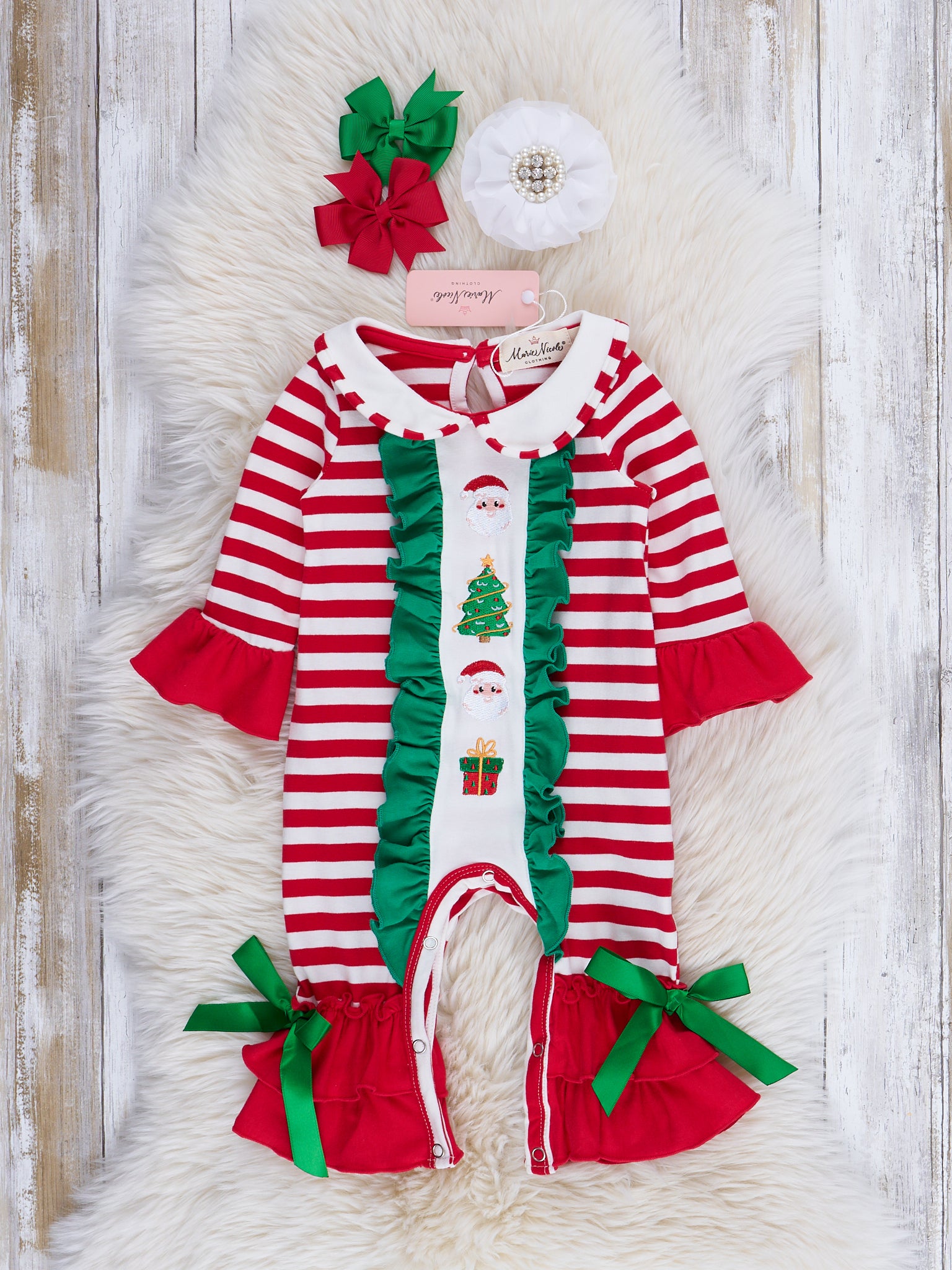 Red Stripes & Green Ruffles Embroidered Holiday Romper - Marie Nicole Clothing