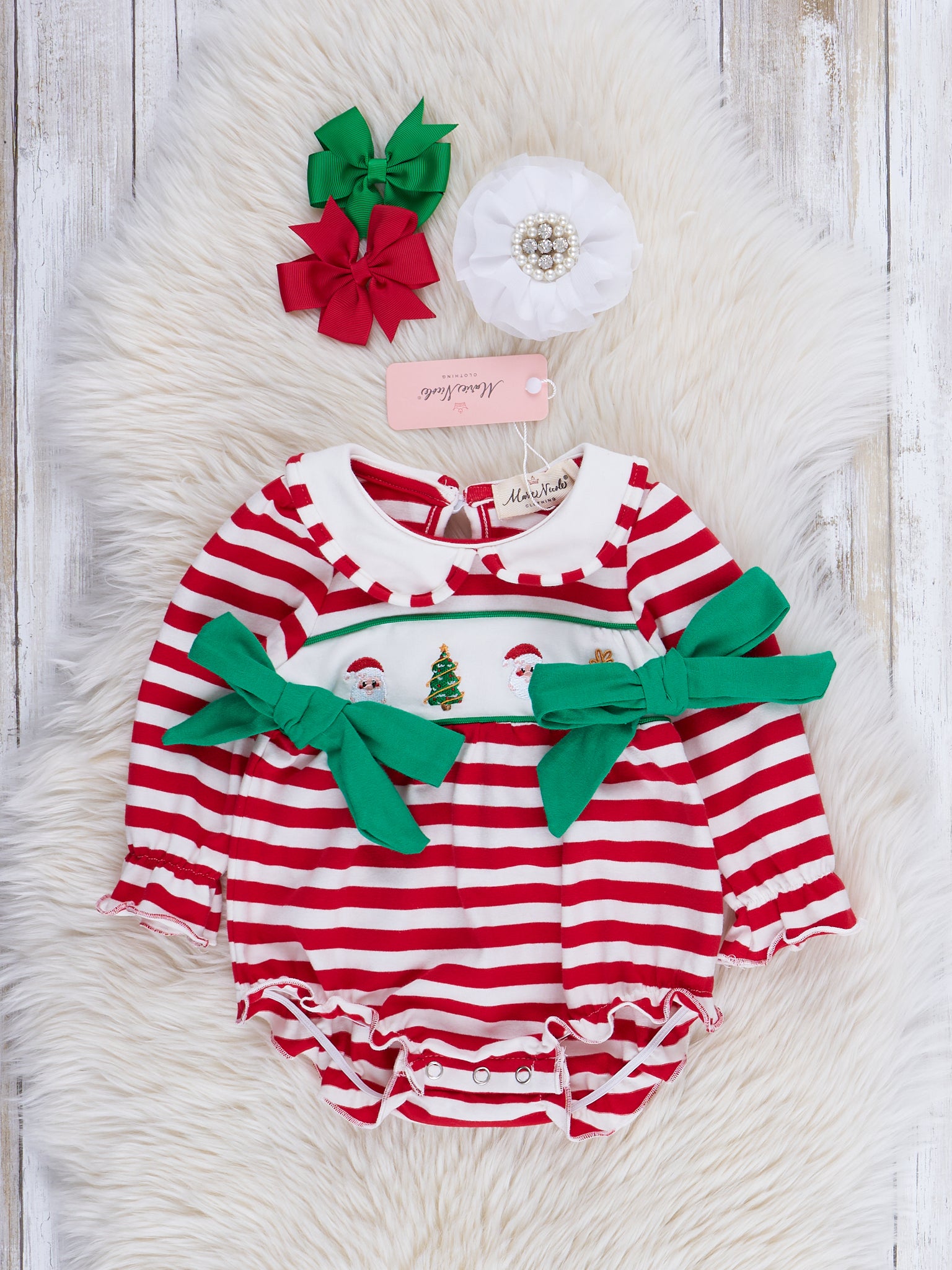 Red Stripes & Green Ruffles Embroidered Bubble Romper - Marie Nicole Clothing