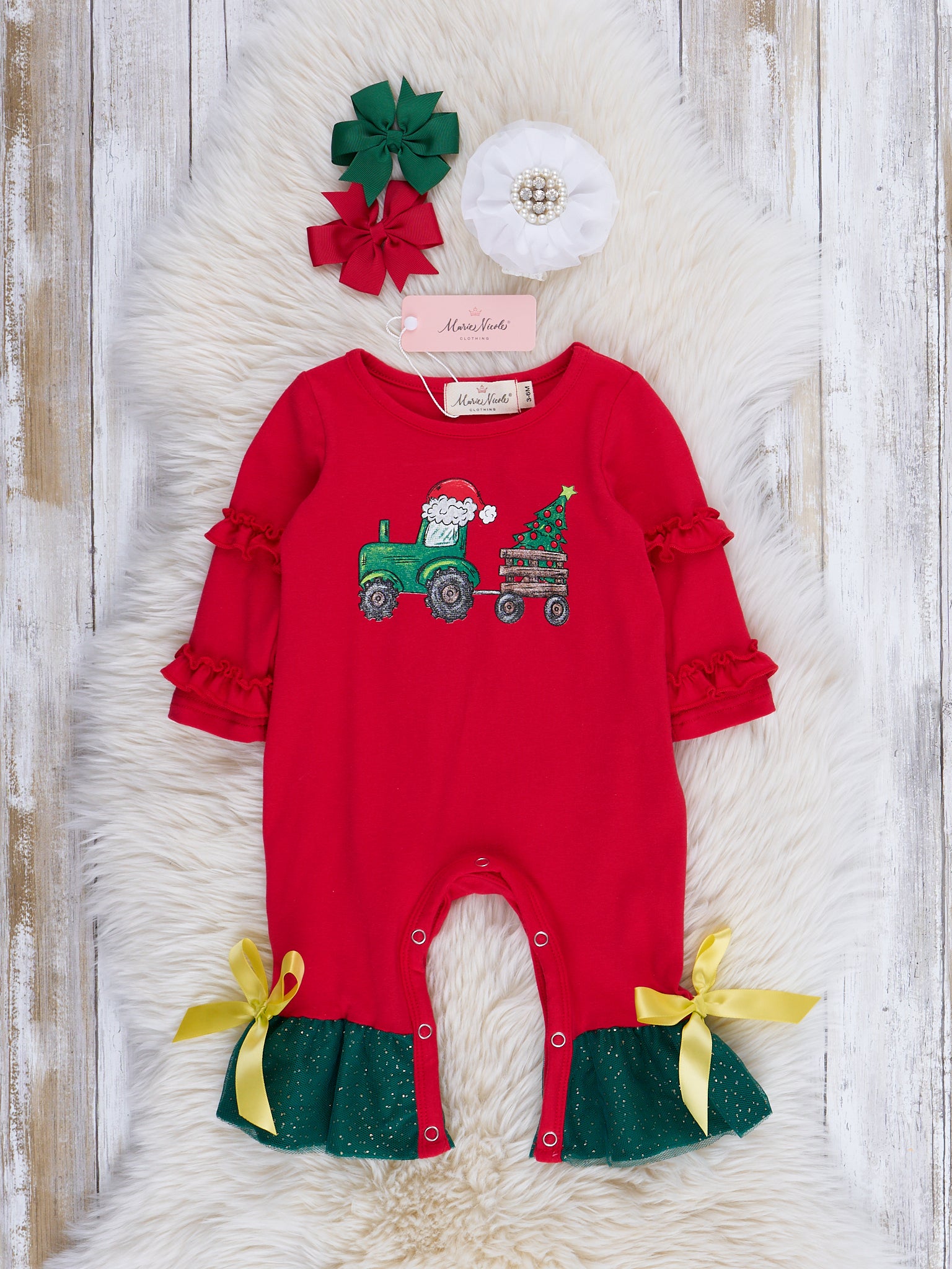 Christmas Tree Tractor Ruffle Romper - Marie Nicole Clothing