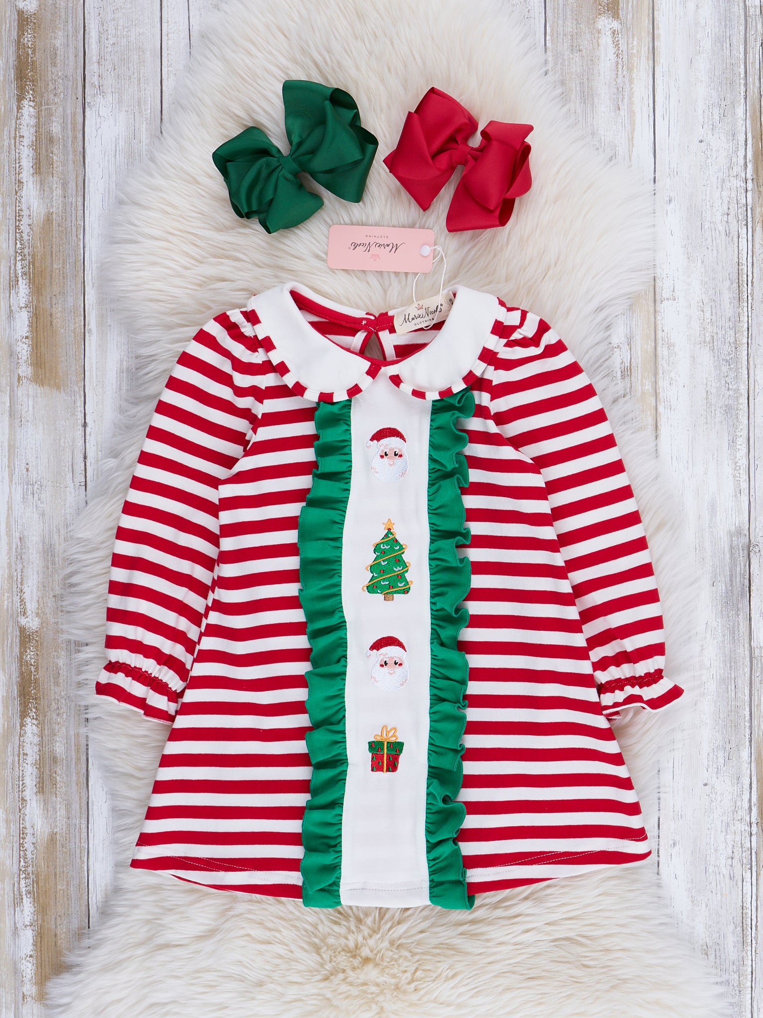 Red Stripes & Green Ruffles Embroidered Holiday Dress - Marie Nicole Clothing