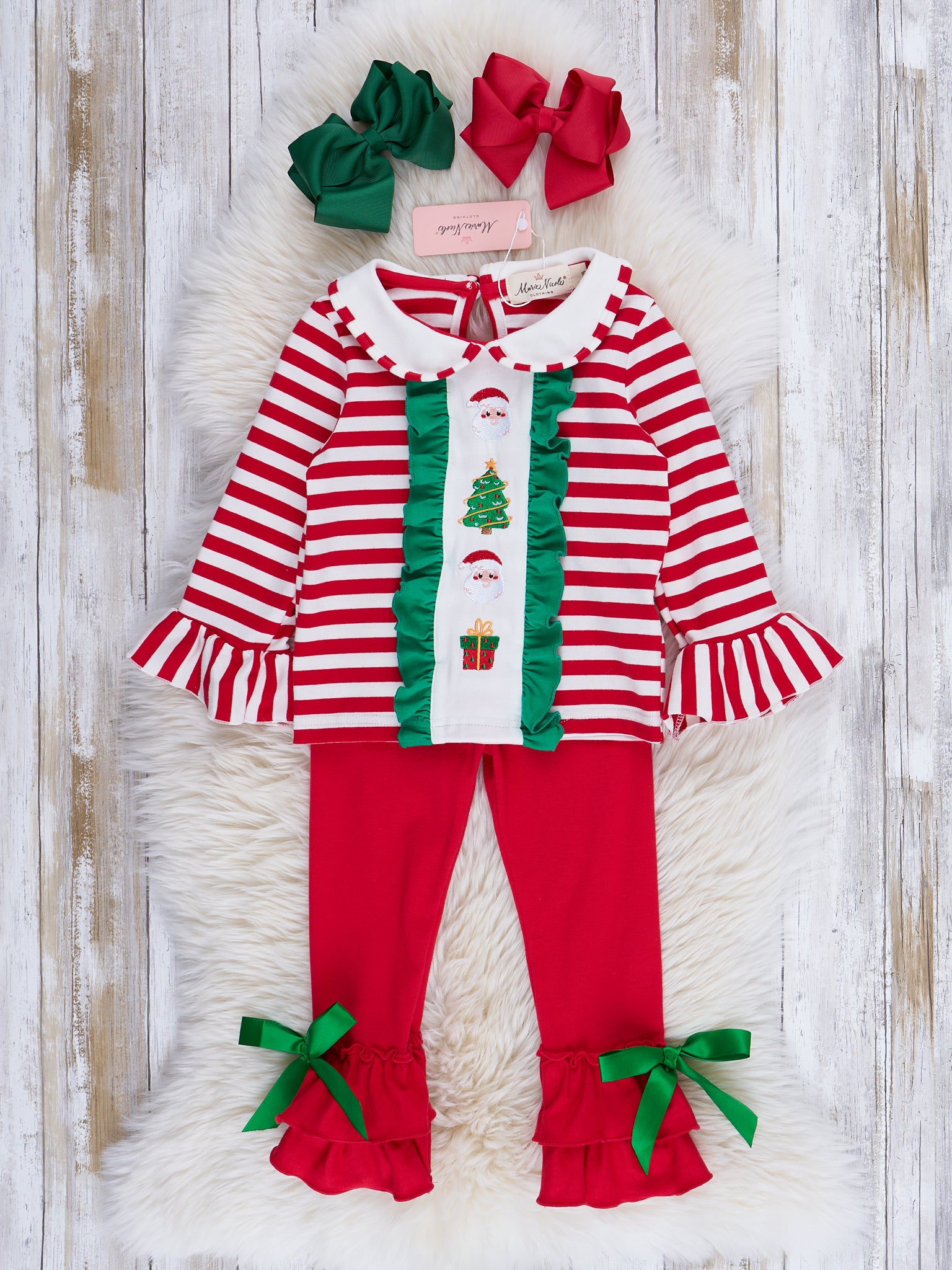 Red Stripes & Green Ruffles Embroidered Holiday Outfit - Marie Nicole Clothing