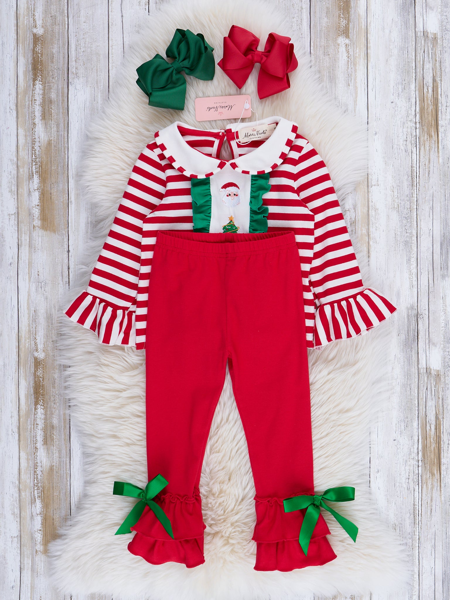 Red Stripes & Green Ruffles Embroidered Holiday Outfit - Marie Nicole Clothing