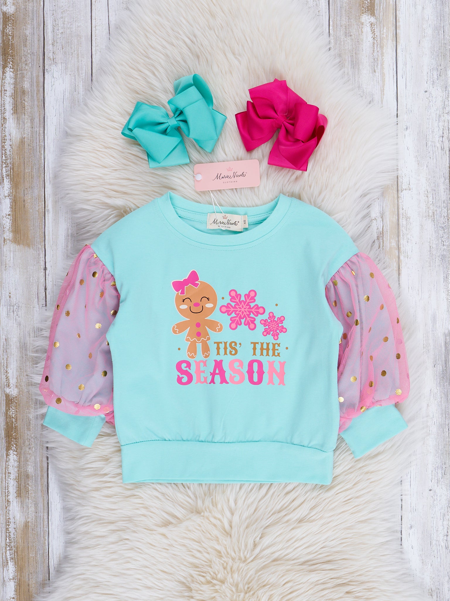 Teal & Pink 'Tis the Season Tulle Sleeve Shirt - Marie Nicole Clothing