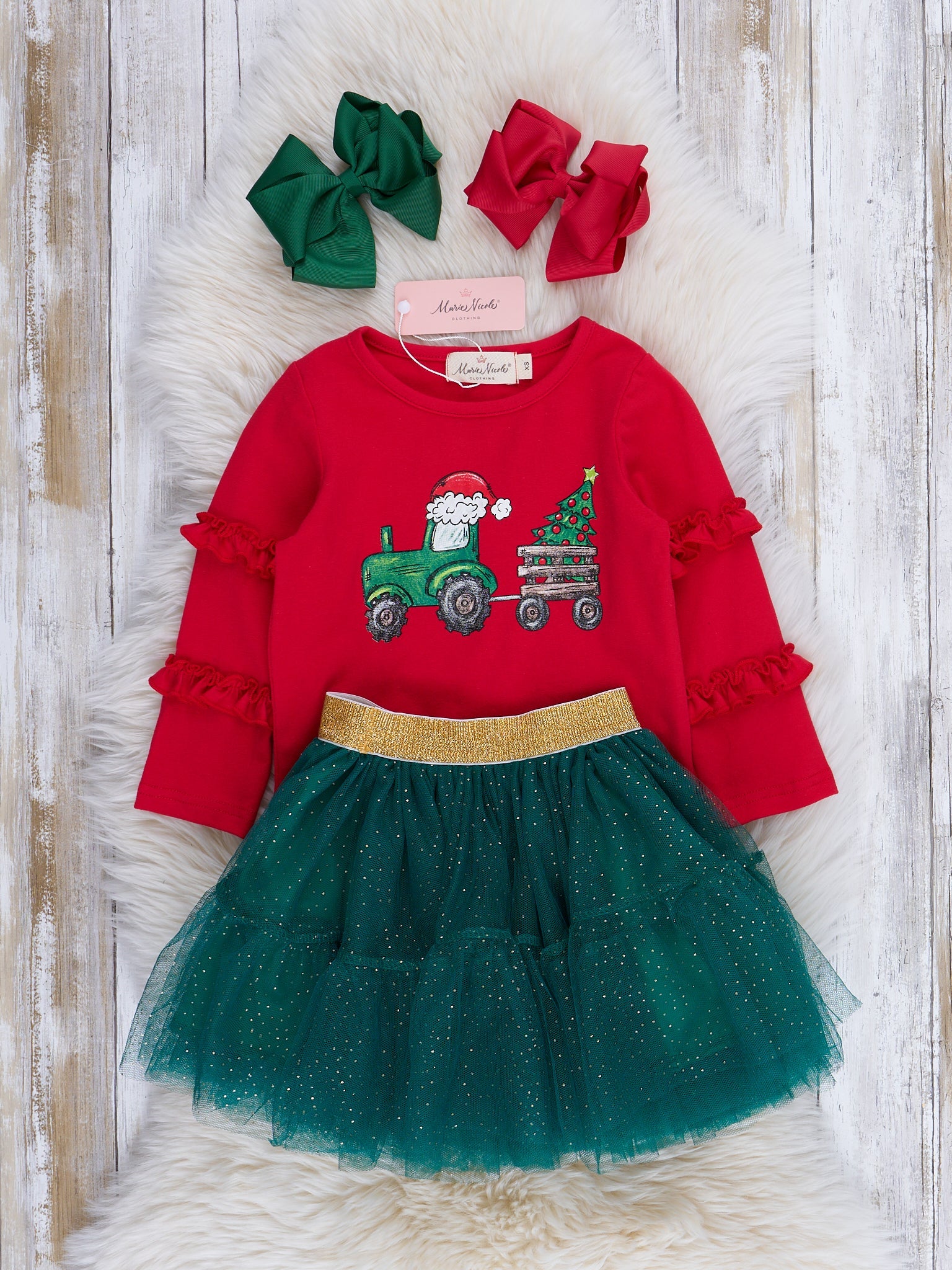 Christmas Tree Tractor Outfit w/ Tulle Skirt - Marie Nicole Clothing