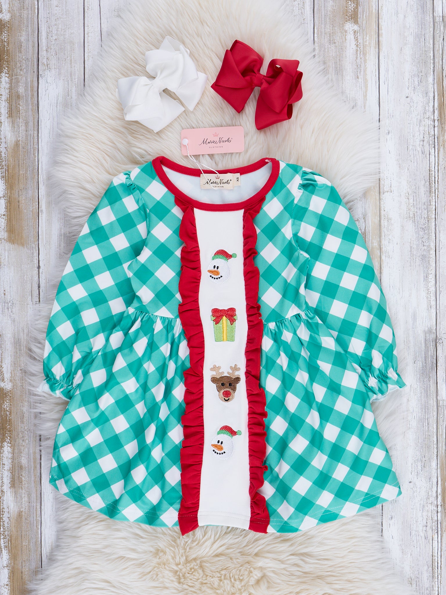 Embroidered Holiday Gingham Dress - Marie Nicole Clothing