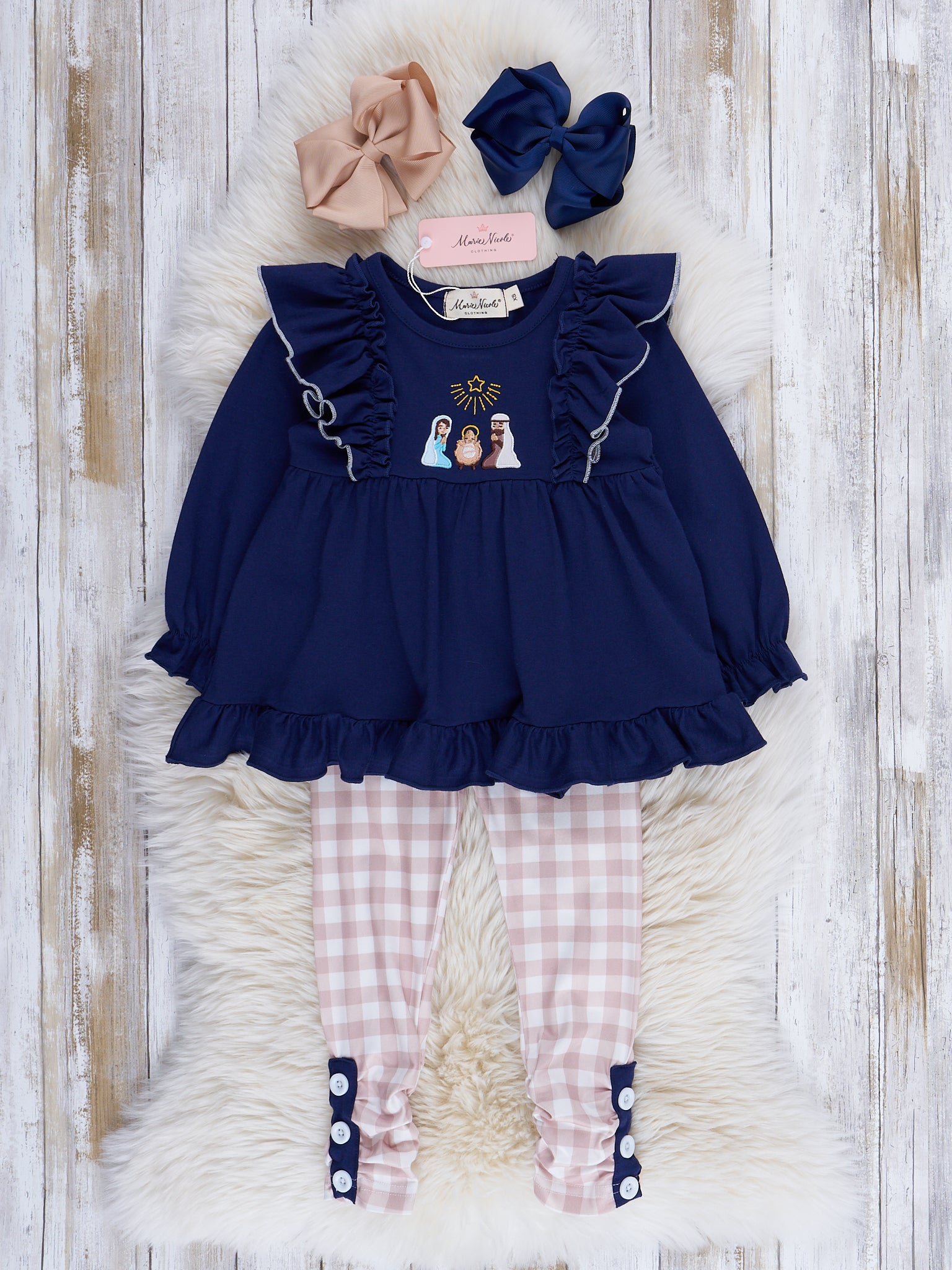 Midnight Blue & Tan Gingham Embroidered Nativity Ruffle Outfit - Marie Nicole Clothing