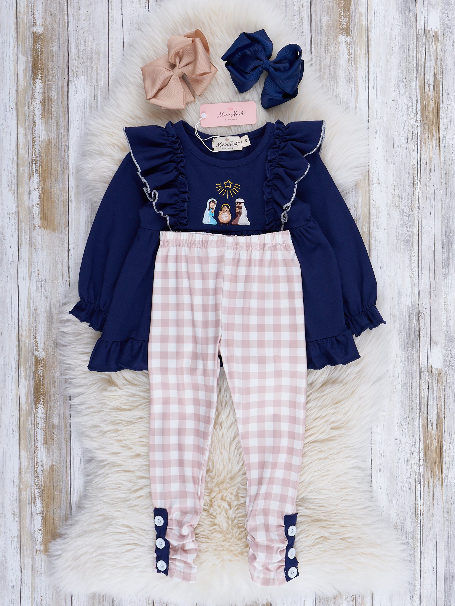 Midnight Blue & Tan Gingham Embroidered Nativity Ruffle Outfit - Marie Nicole Clothing