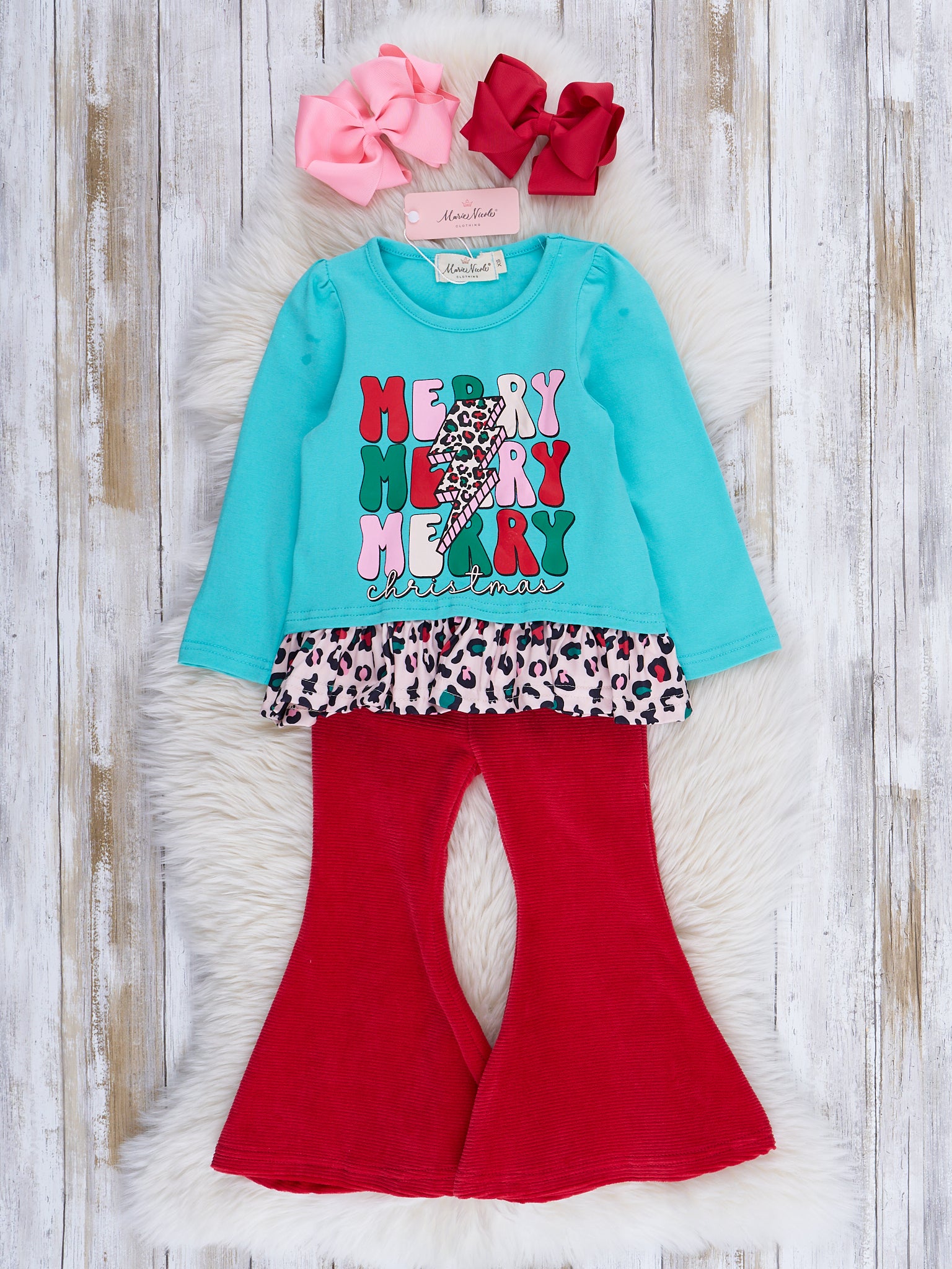 Ice Blue & Red "Merry Christmas" Bell Bottom Outfit - Marie Nicole Clothing