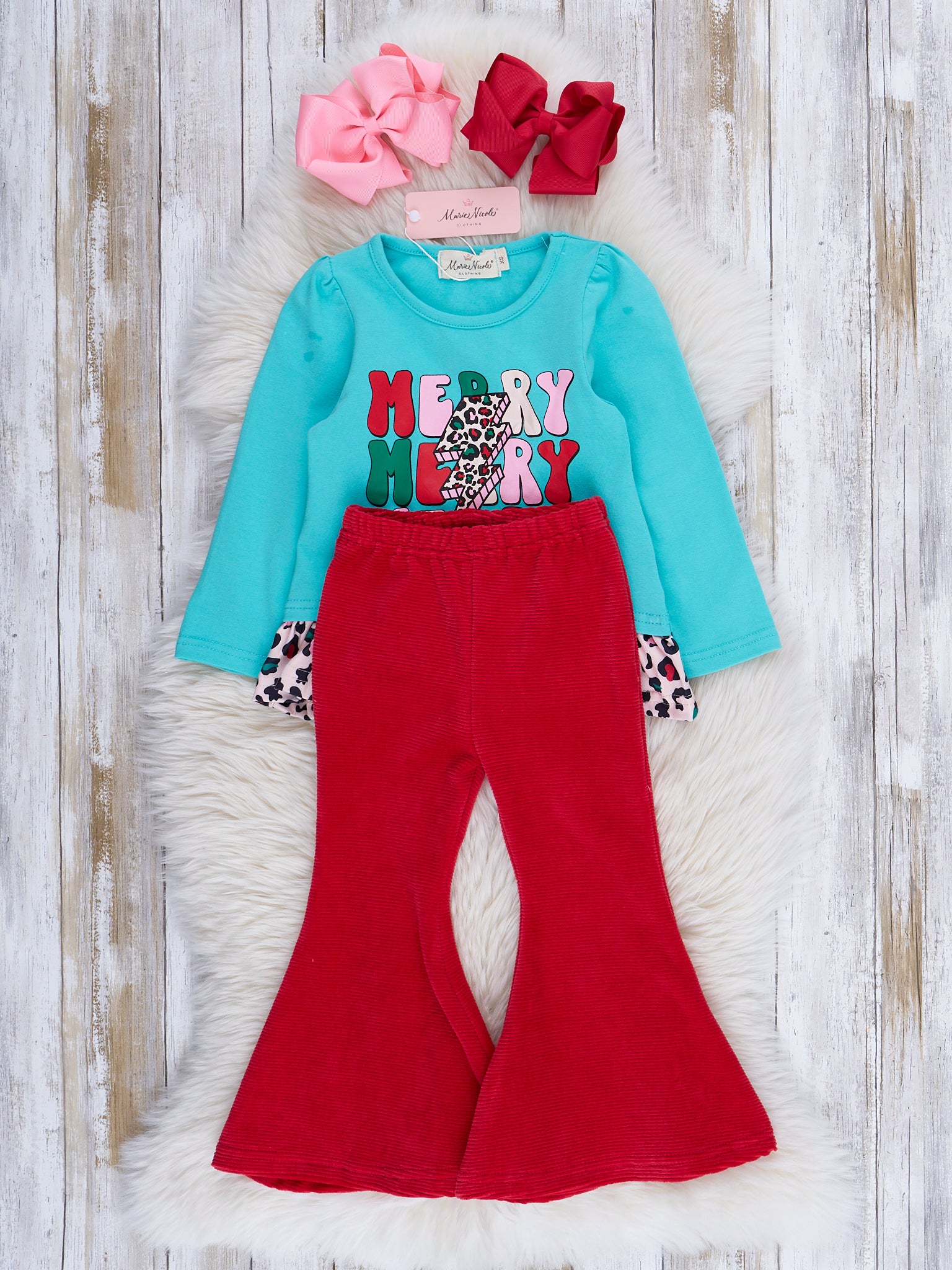 Ice Blue & Red "Merry Christmas" Bell Bottom Outfit - Marie Nicole Clothing