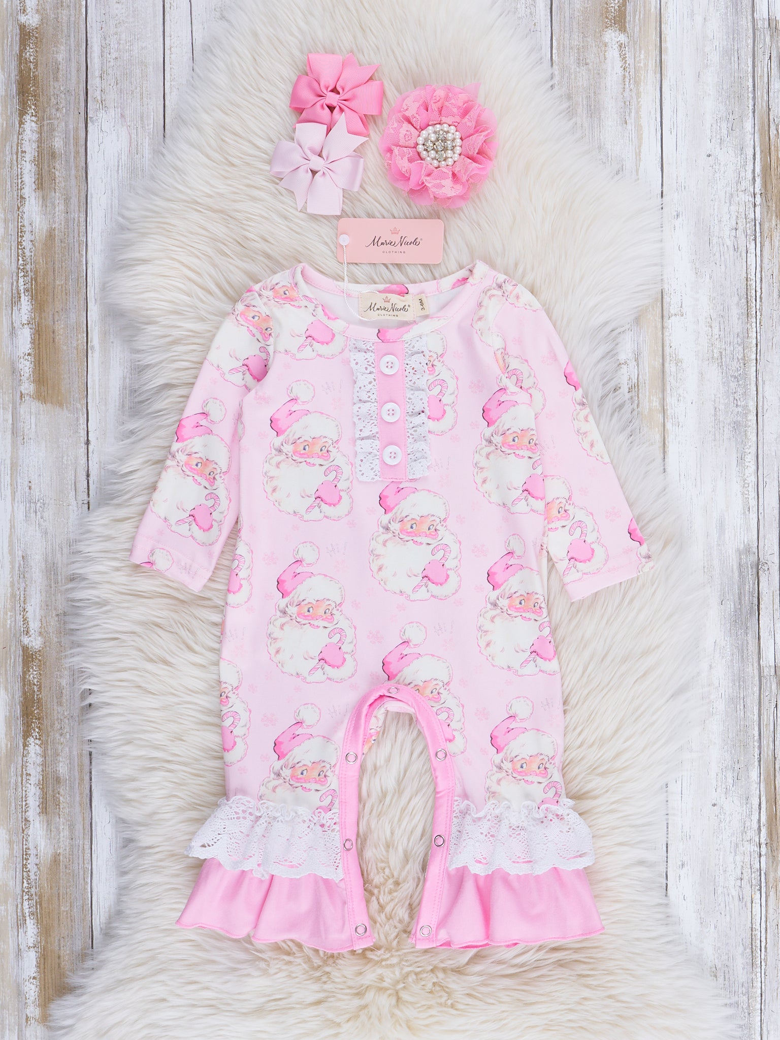Pink Sweet Santa Lace Romper - Marie Nicole Clothing