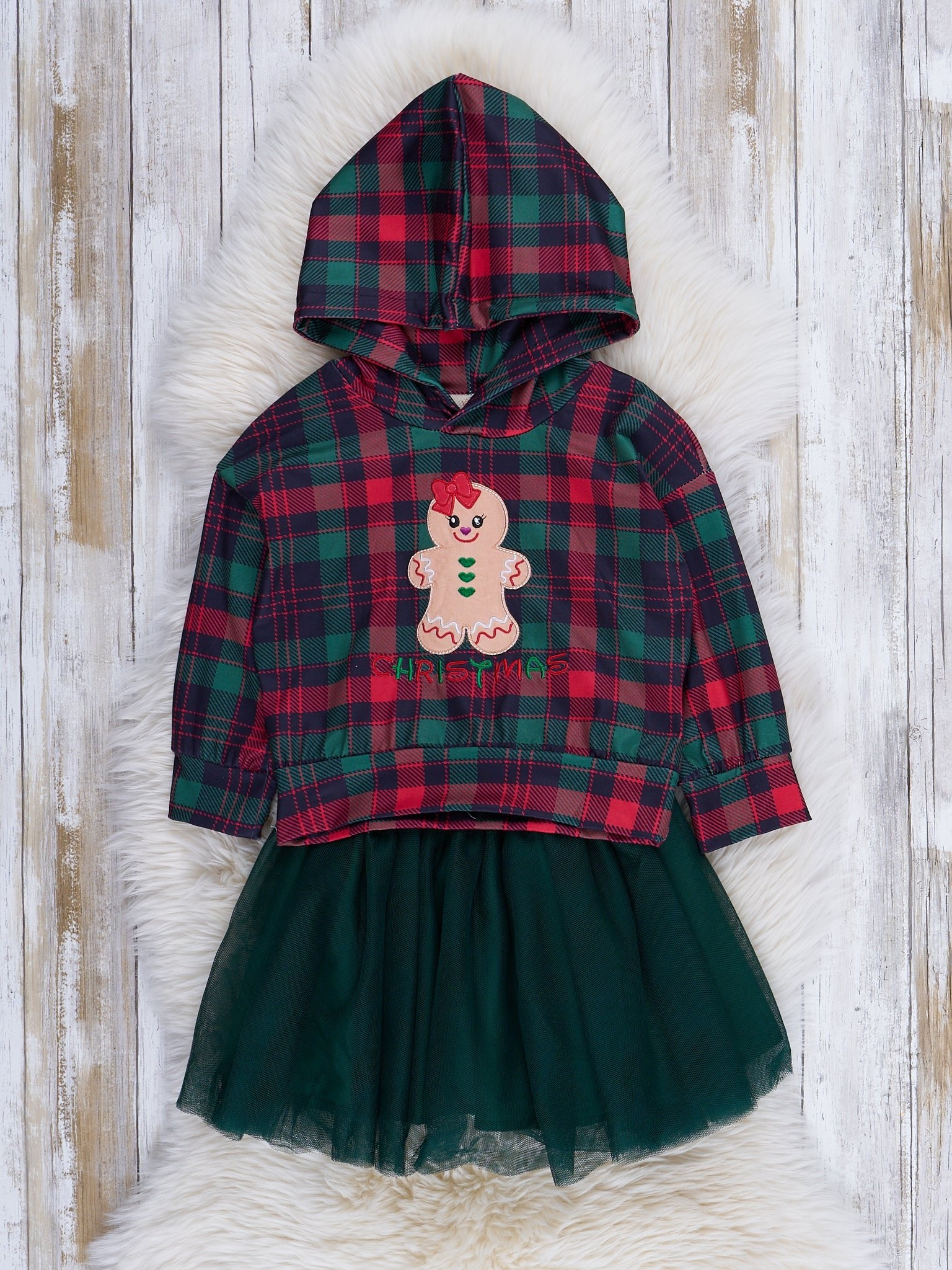 Plaid Embroidered Gingerbread Outfit w/ Tulle Skirt - Marie Nicole Clothing