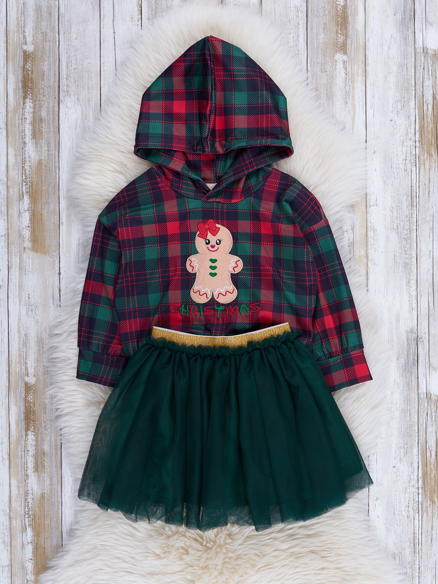 Plaid Embroidered Gingerbread Outfit w/ Tulle Skirt - Marie Nicole Clothing