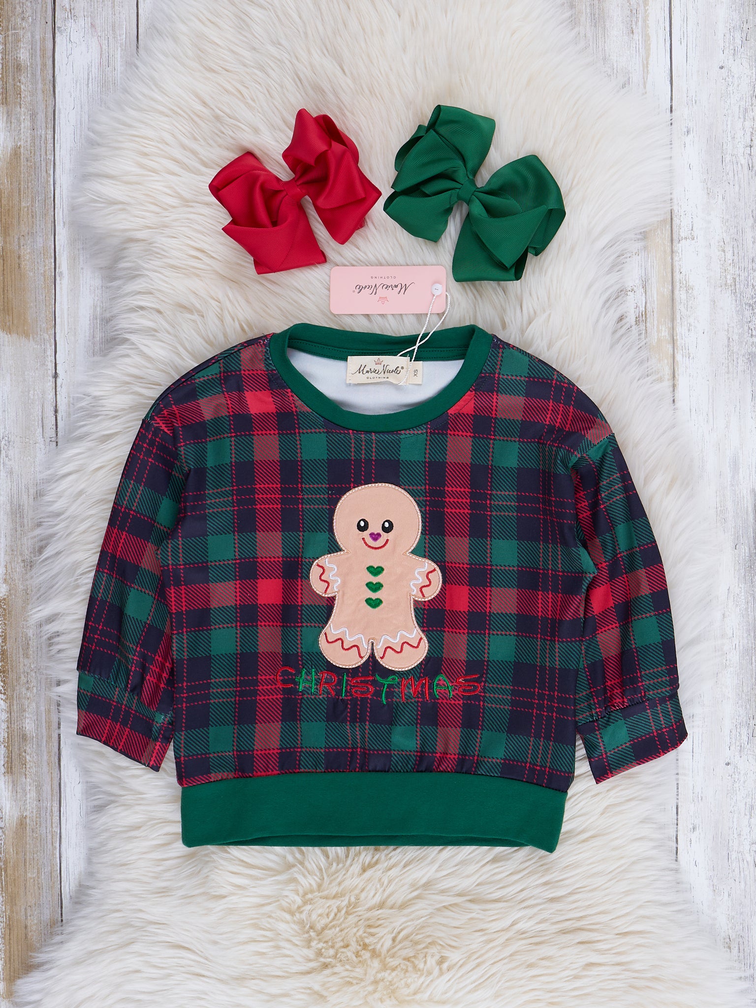 Plaid Embroidered Gingerbread Crew Neck - Marie Nicole Clothing