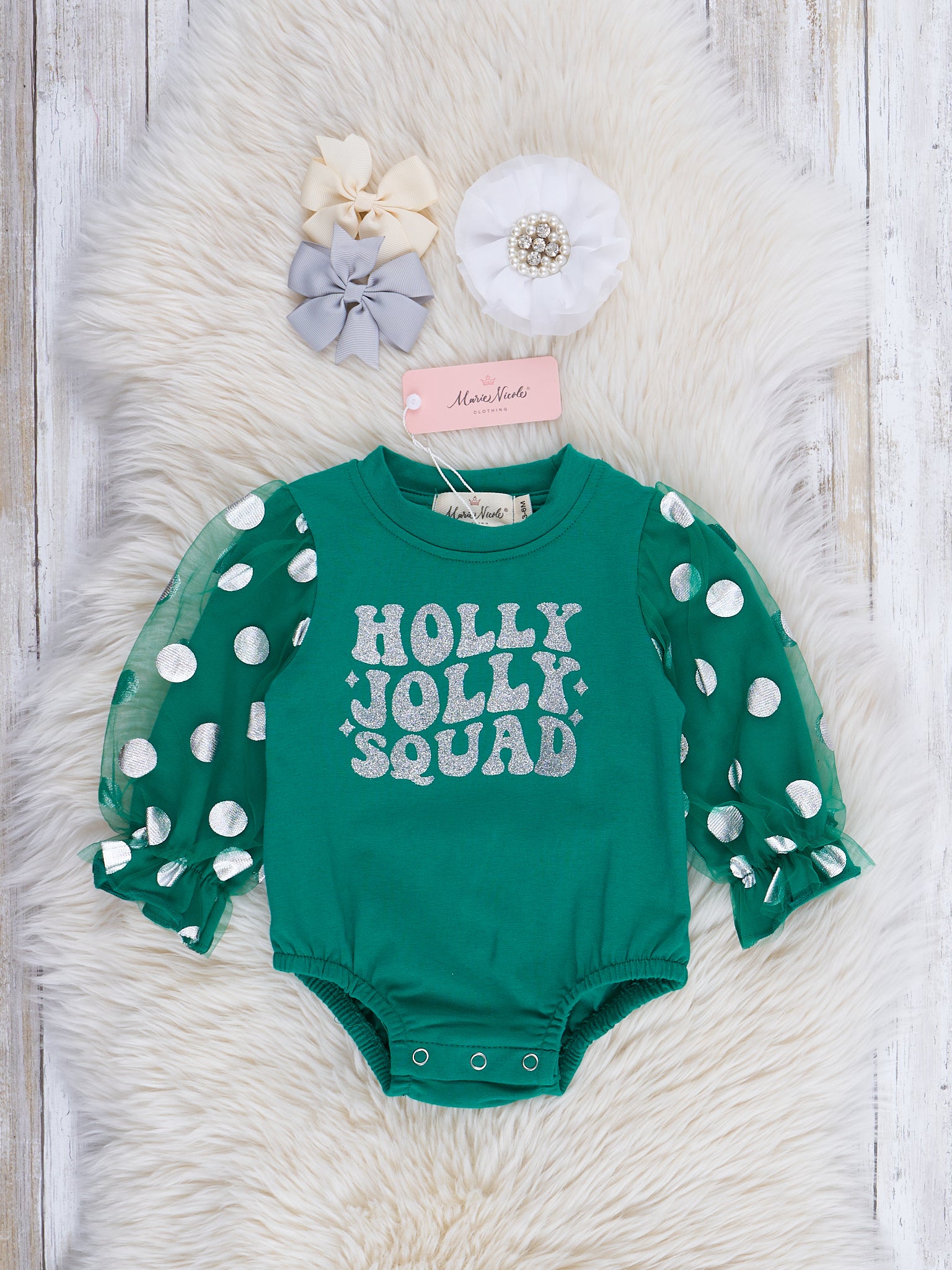 Green Dots Holly Jolly Squad Bubble Romper - Marie Nicole Clothing