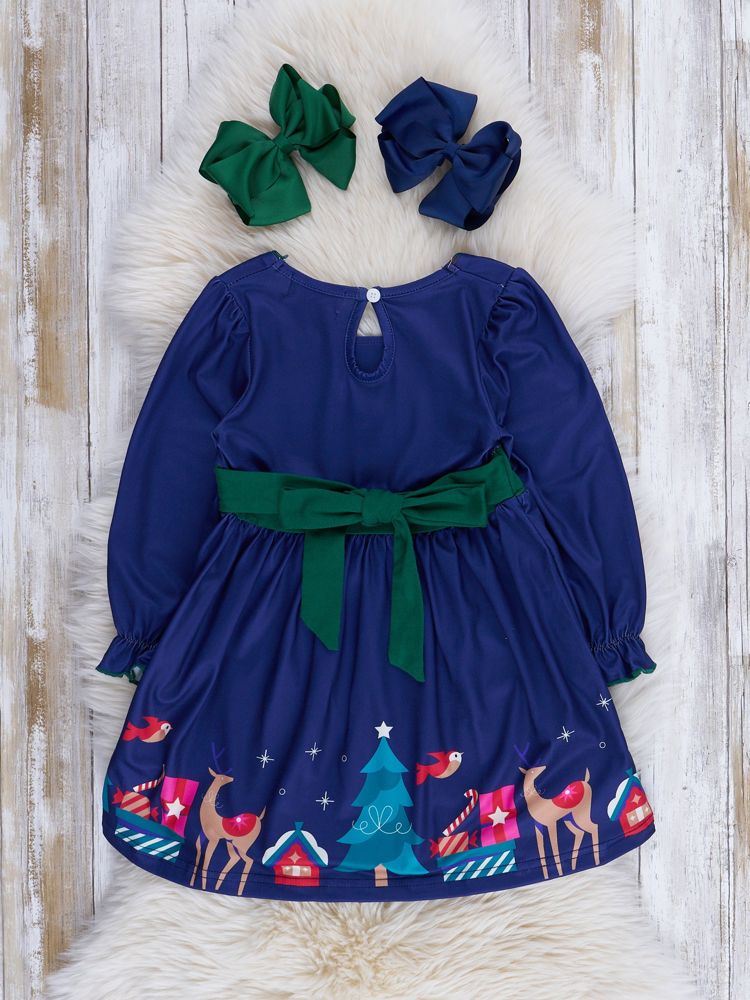 Navy & Green Winter Wonderland Tie - Back Dress - Marie Nicole Clothing