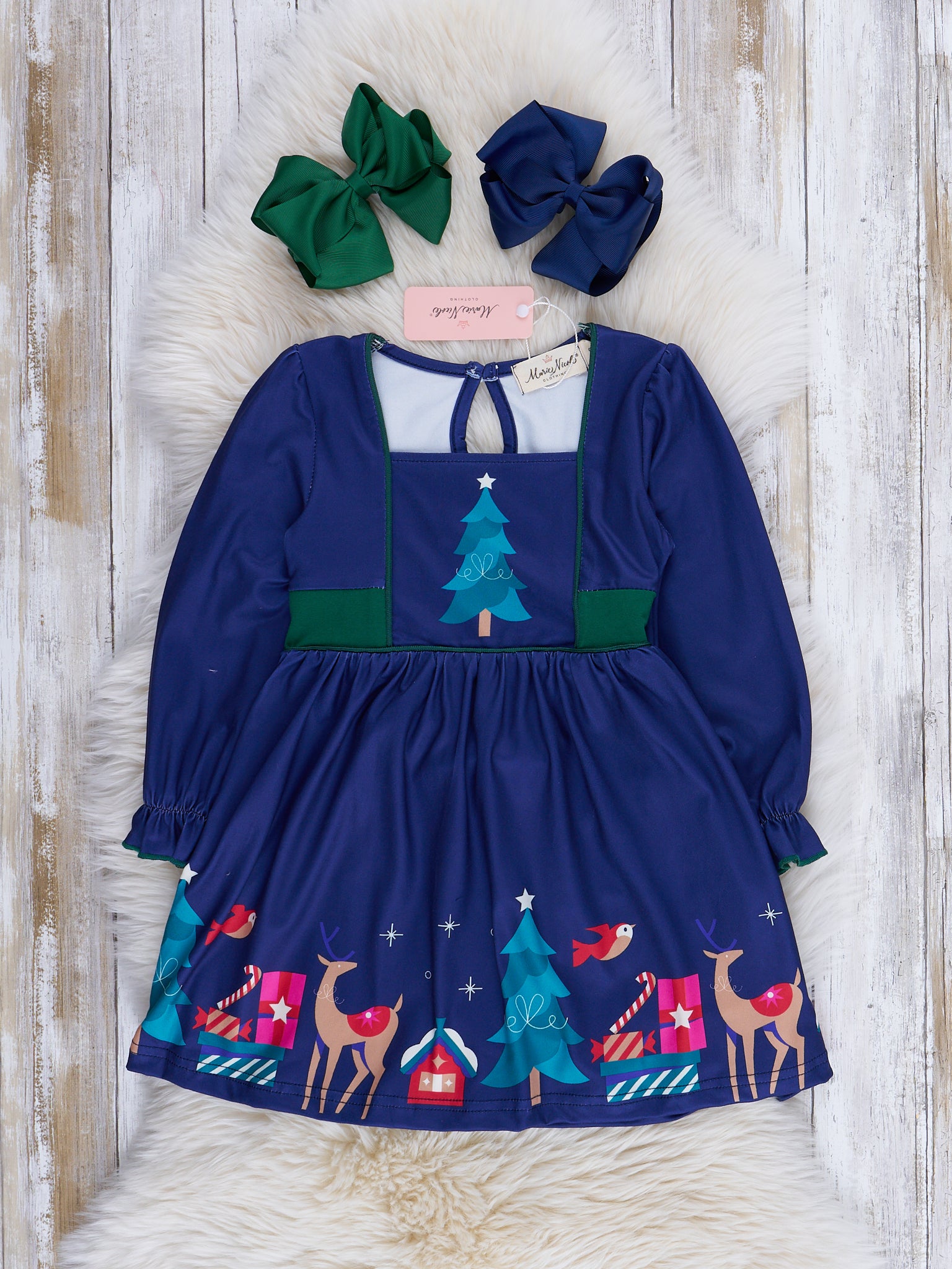 Navy & Green Winter Wonderland Tie - Back Dress - Marie Nicole Clothing
