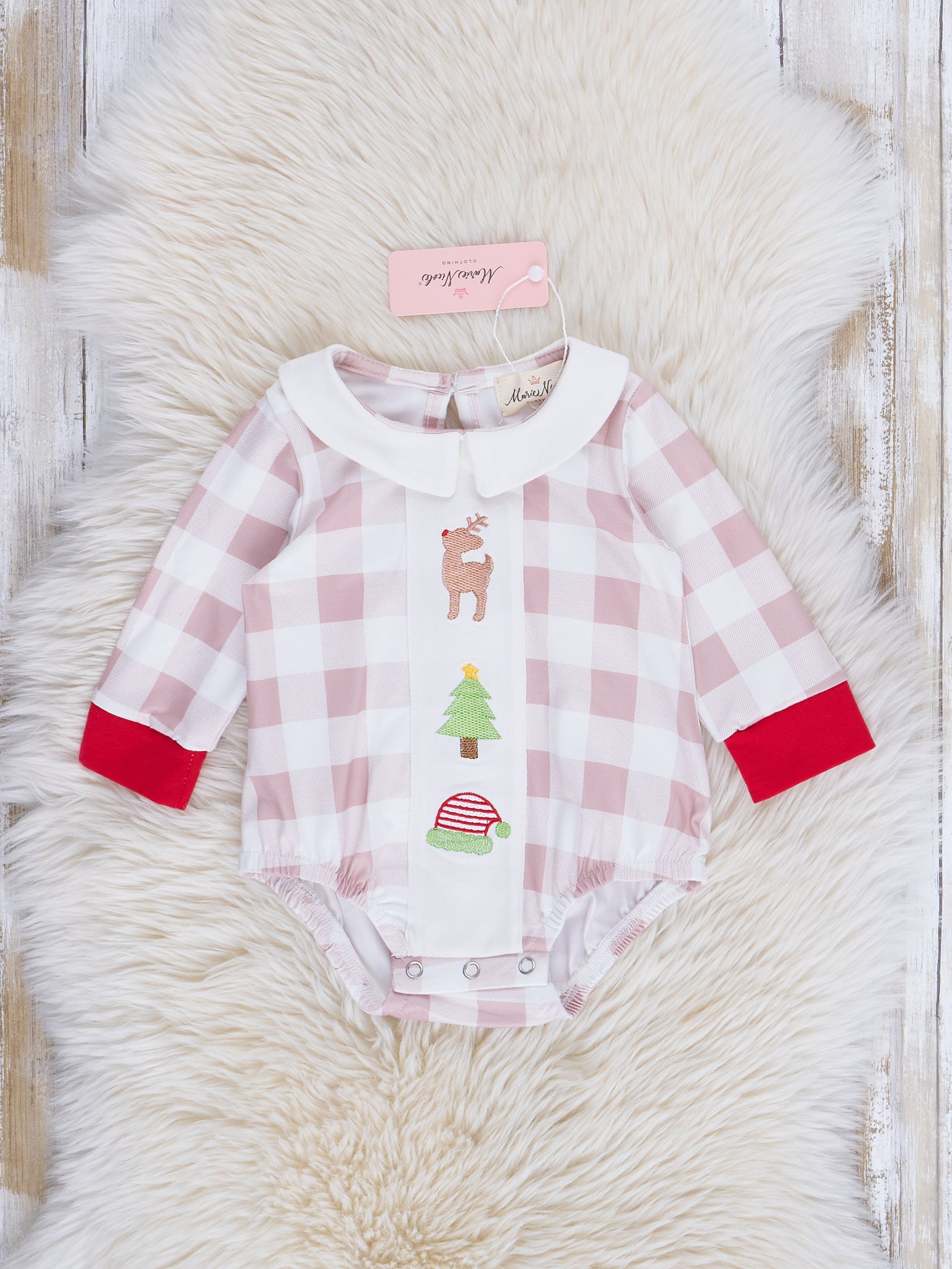 Embroidered Holiday Gingham Romper - Marie Nicole Clothing