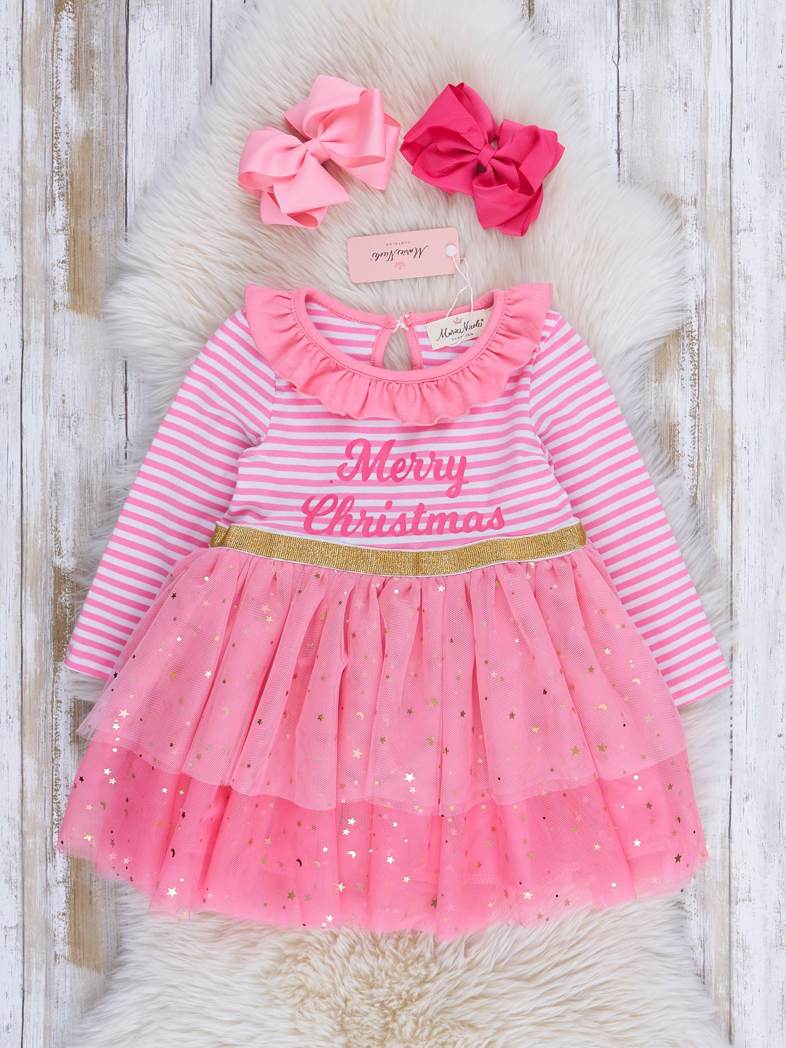 Pink Stripe Embroidered "Merry Christmas" Tulle Dress - Marie Nicole Clothing