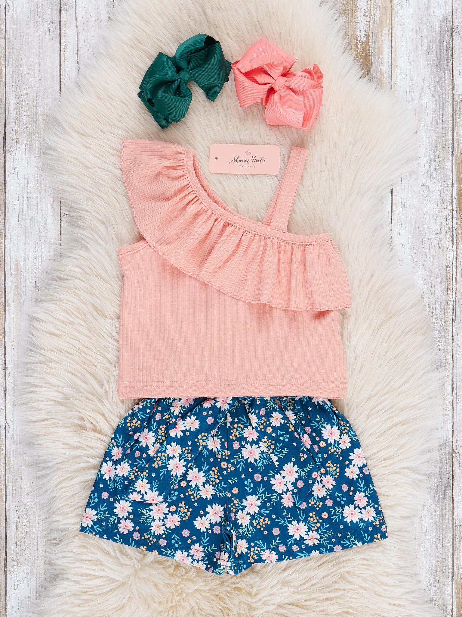 Peach Navy Florals Ruffle Outfit - Marie Nicole Clothing