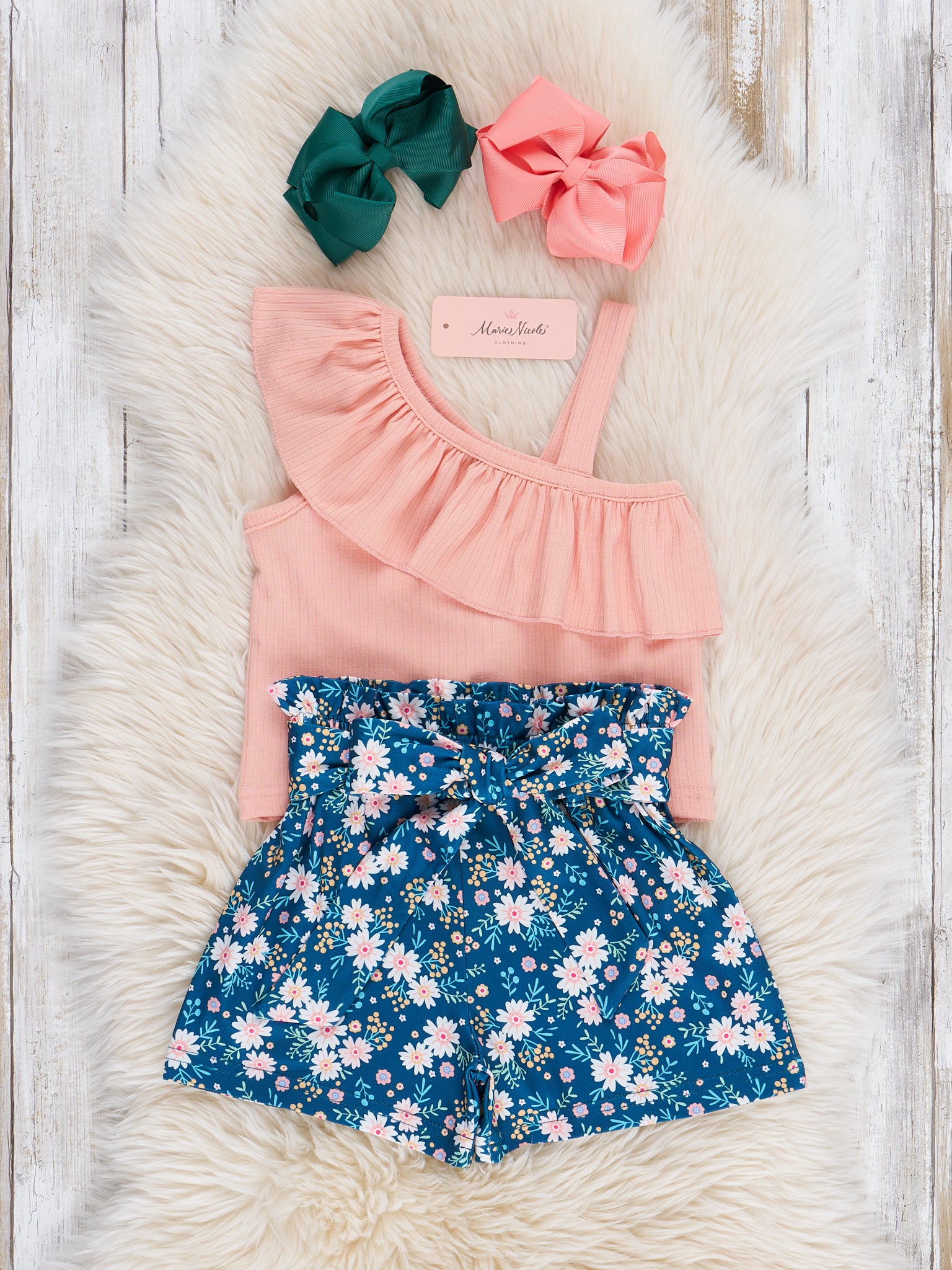 Peach Navy Florals Ruffle Outfit - Marie Nicole Clothing