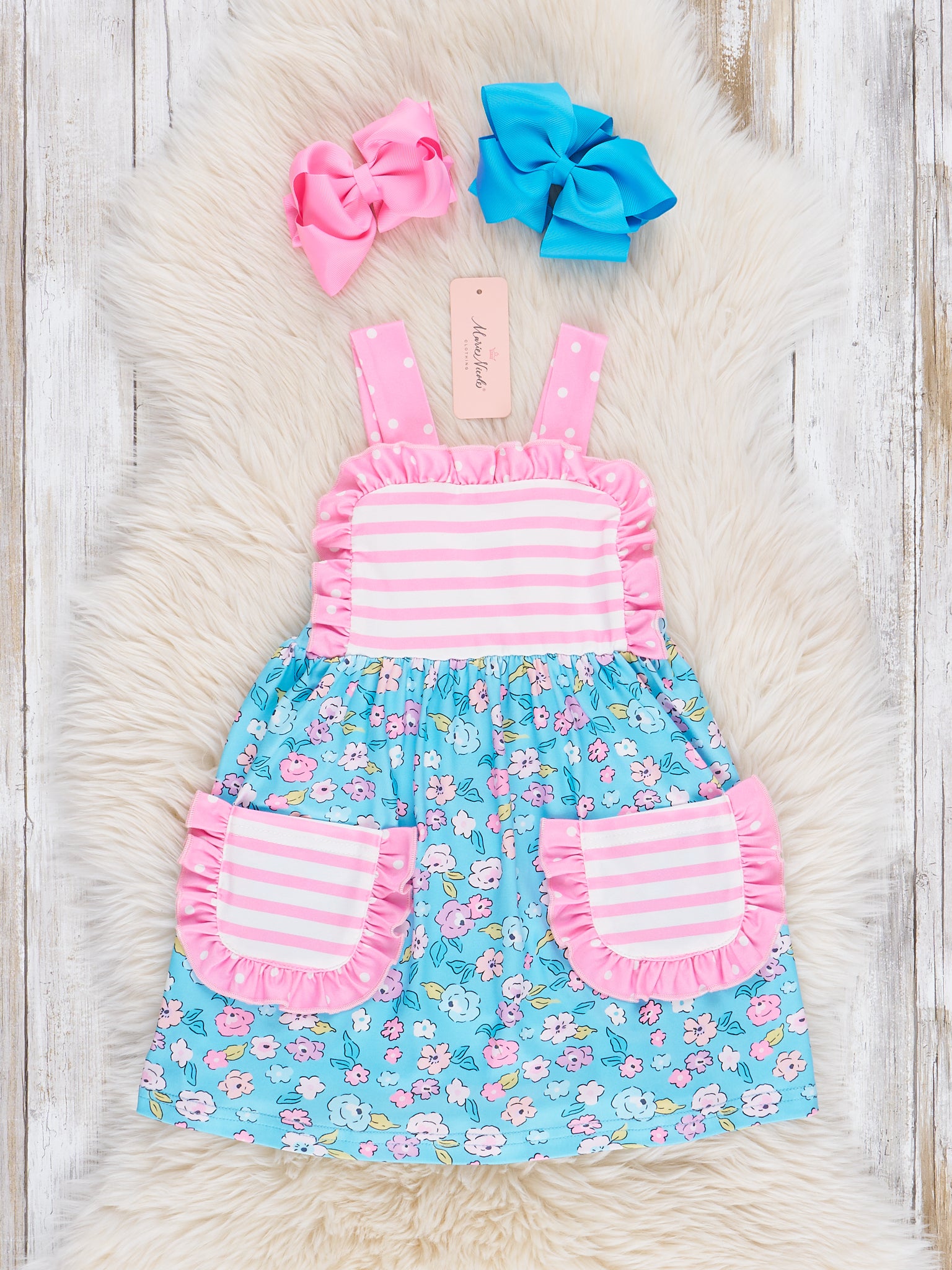 Blue Garden Striped Pockets Ruffle Dress - Marie Nicole Clothing
