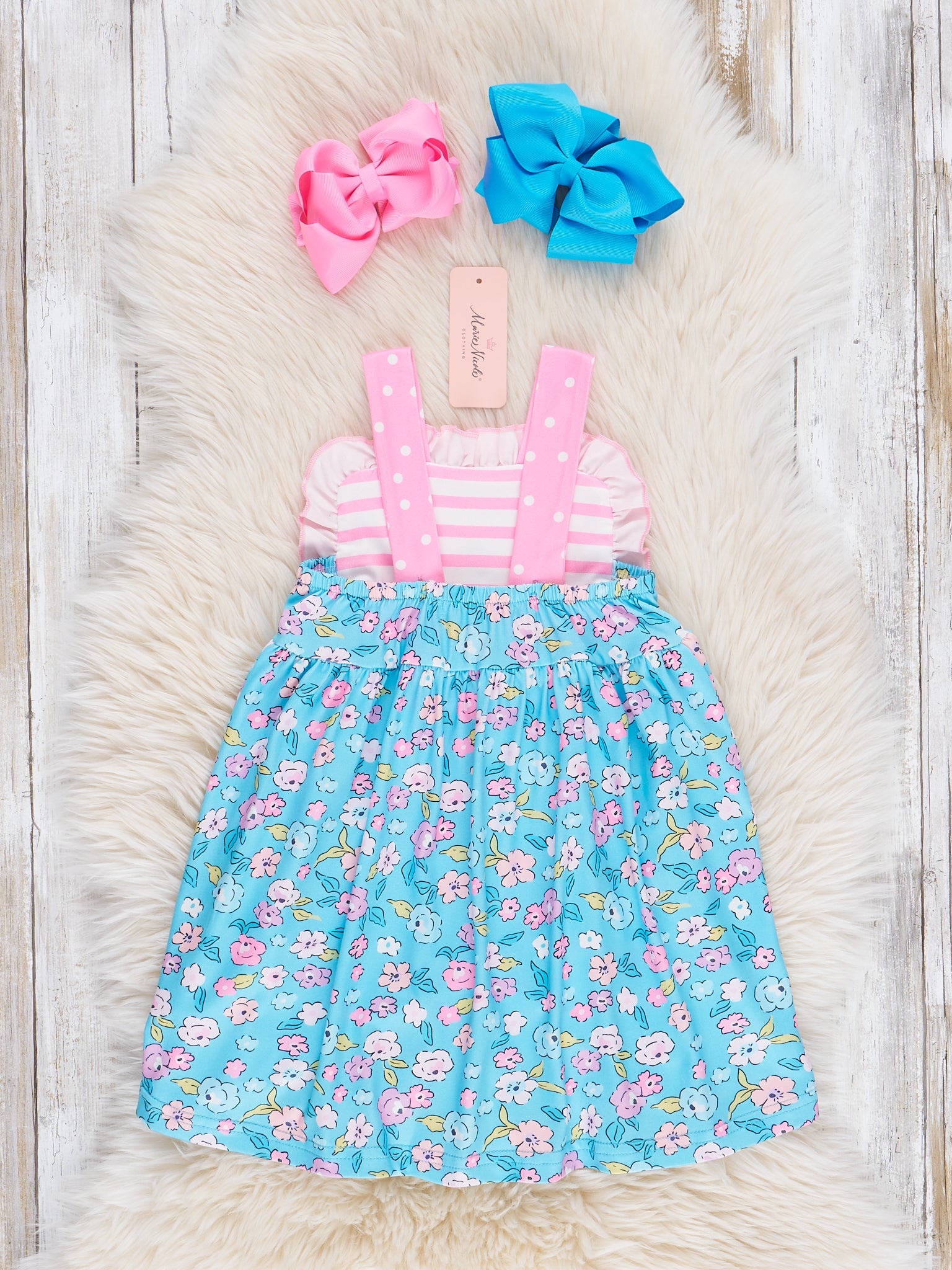 Blue Garden Striped Pockets Ruffle Dress - Marie Nicole Clothing