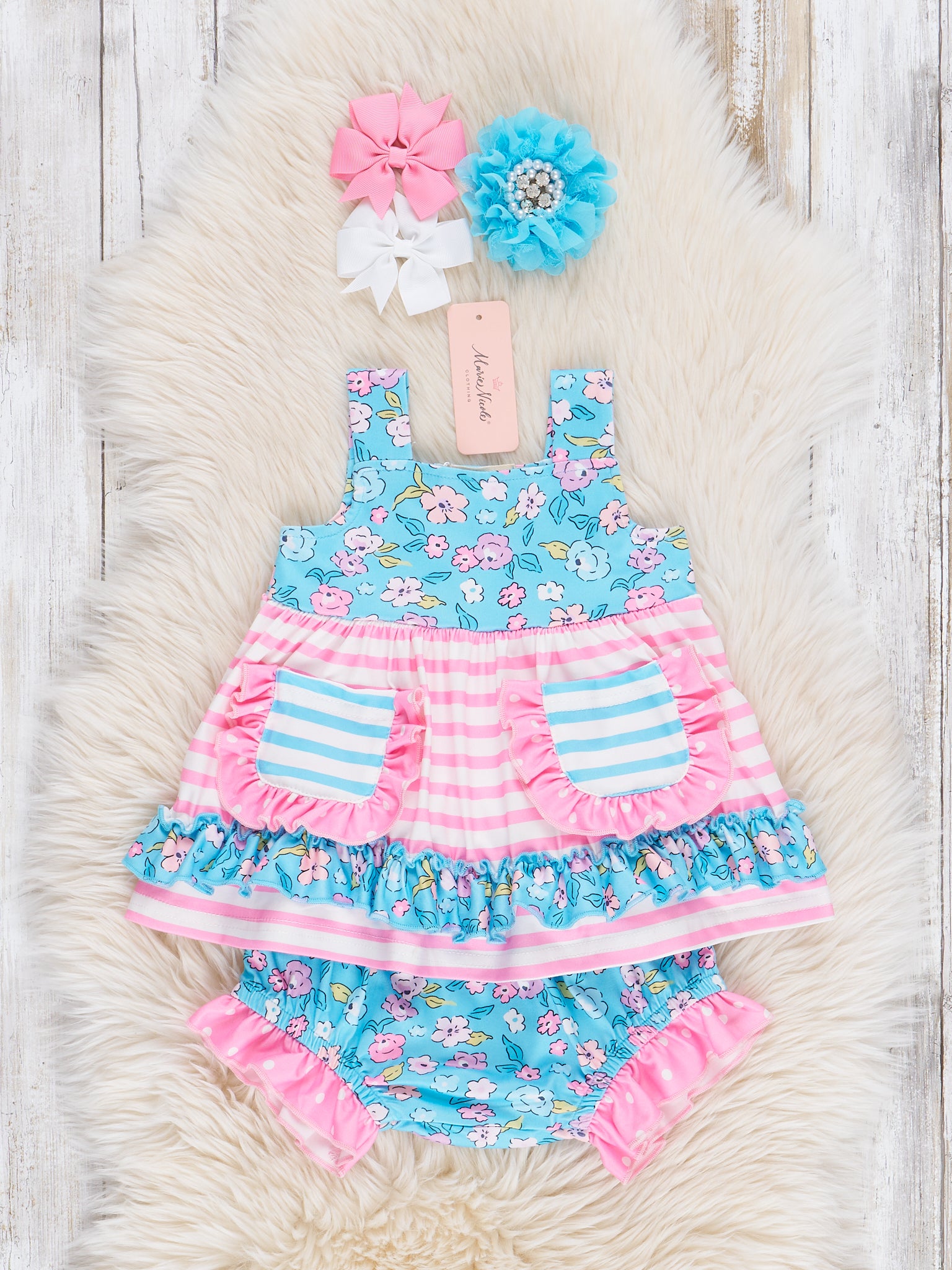 Blue Garden Striped Pockets Bloomers Outfit - Marie Nicole Clothing