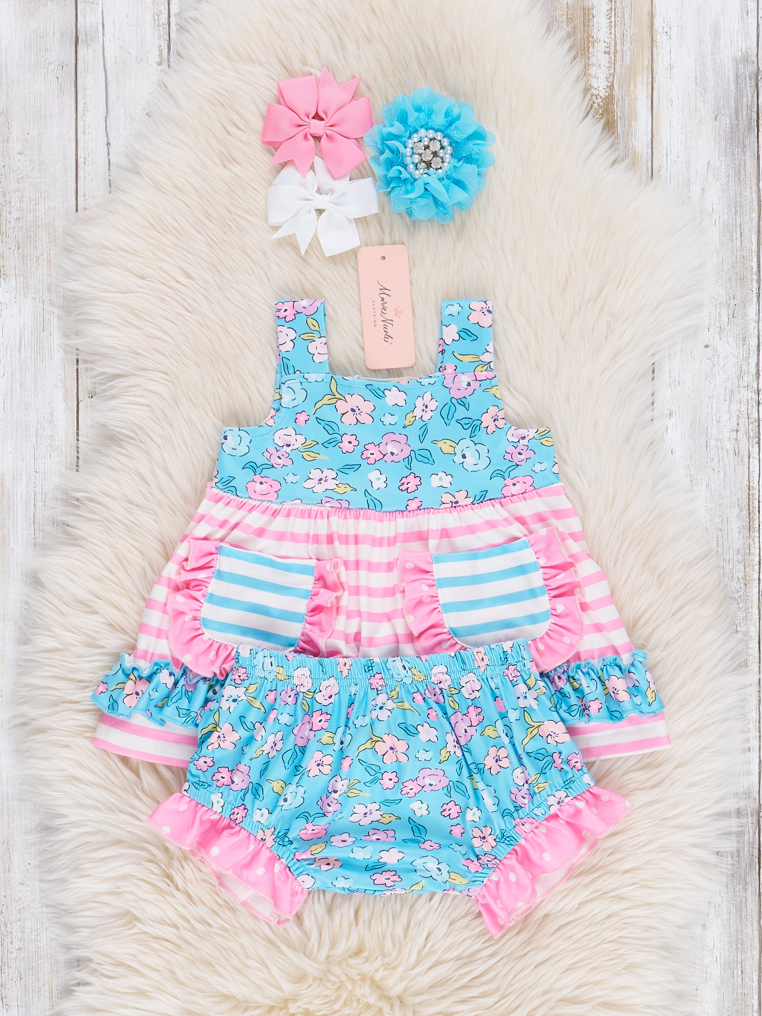 Blue Garden Striped Pockets Bloomers Outfit - Marie Nicole Clothing
