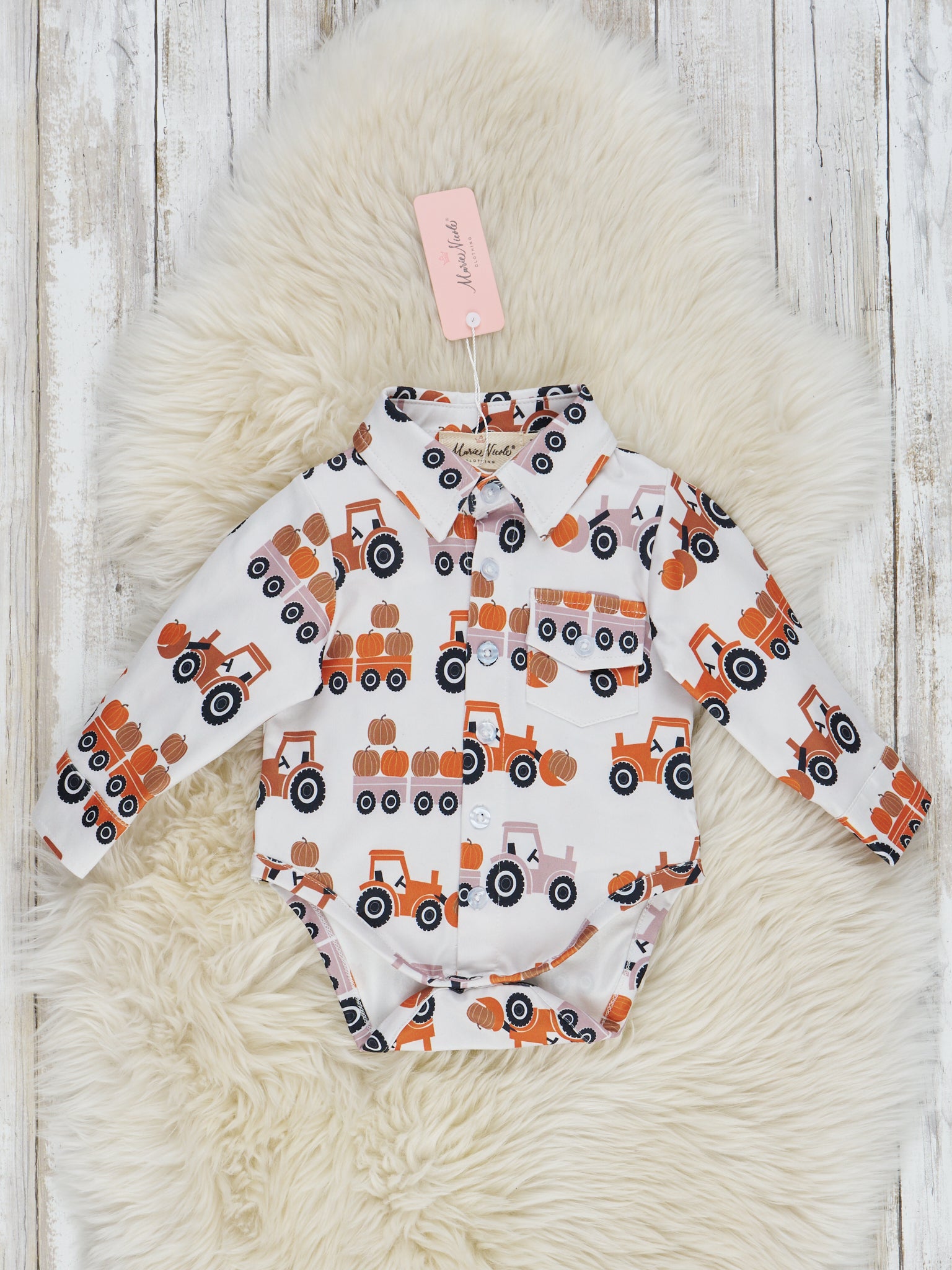 Sepia Pumpkin Tractor Button Up Romper - Marie Nicole Clothing