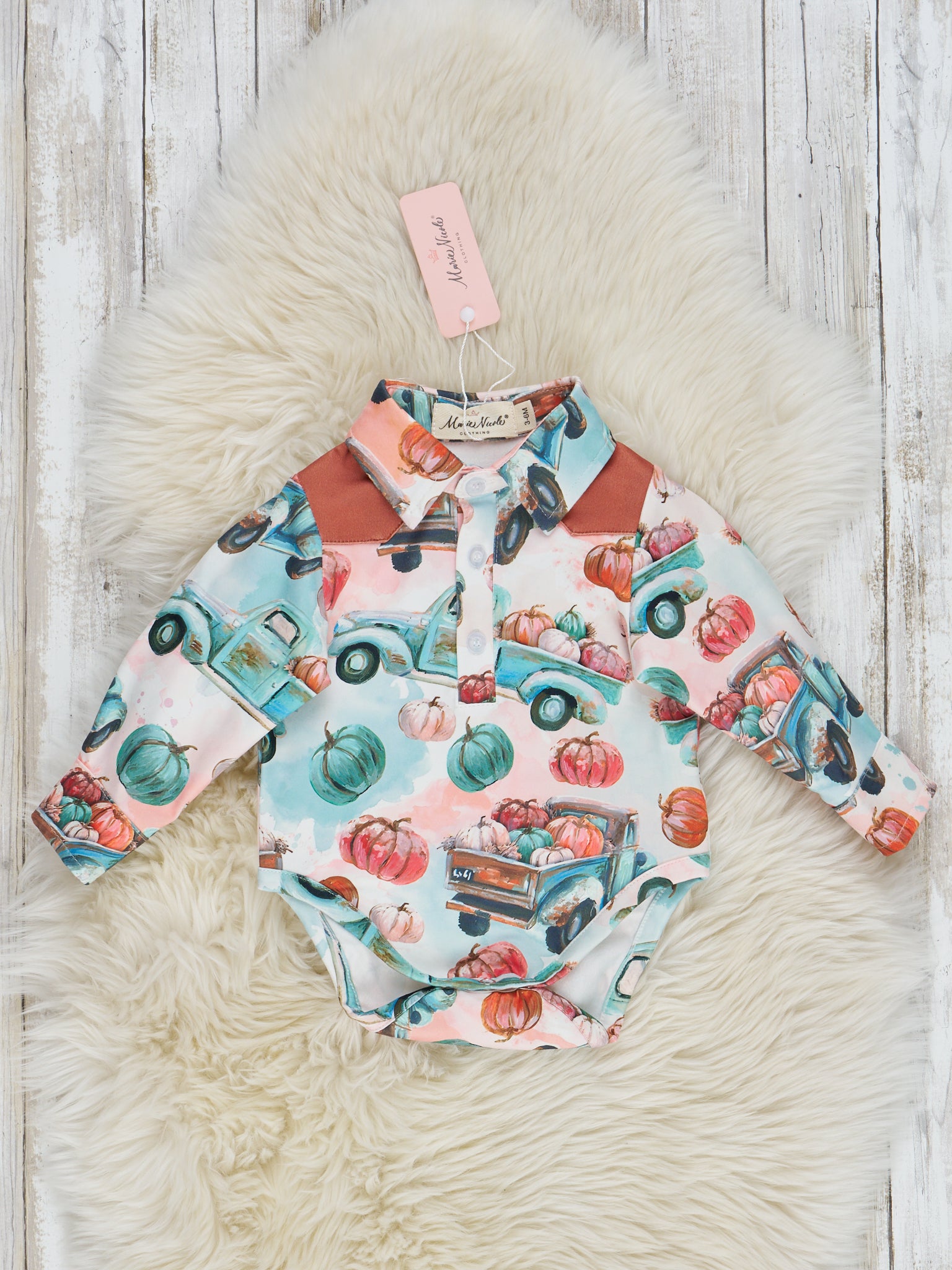 Minty Pumpkin Truck & Patches Button Up Romper - Marie Nicole Clothing