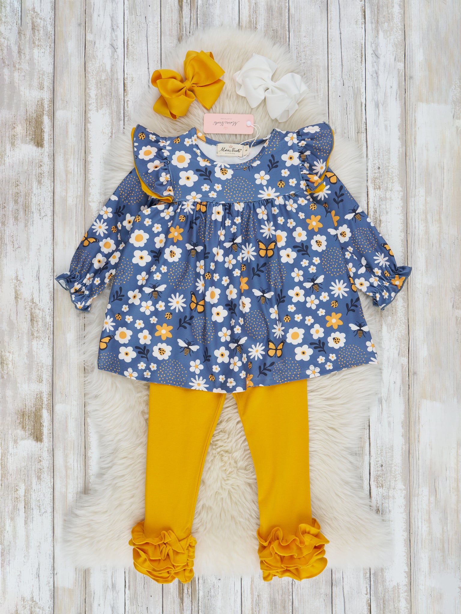 Blue & White Bee Floral Ruffle Outfit - Marie Nicole Clothing