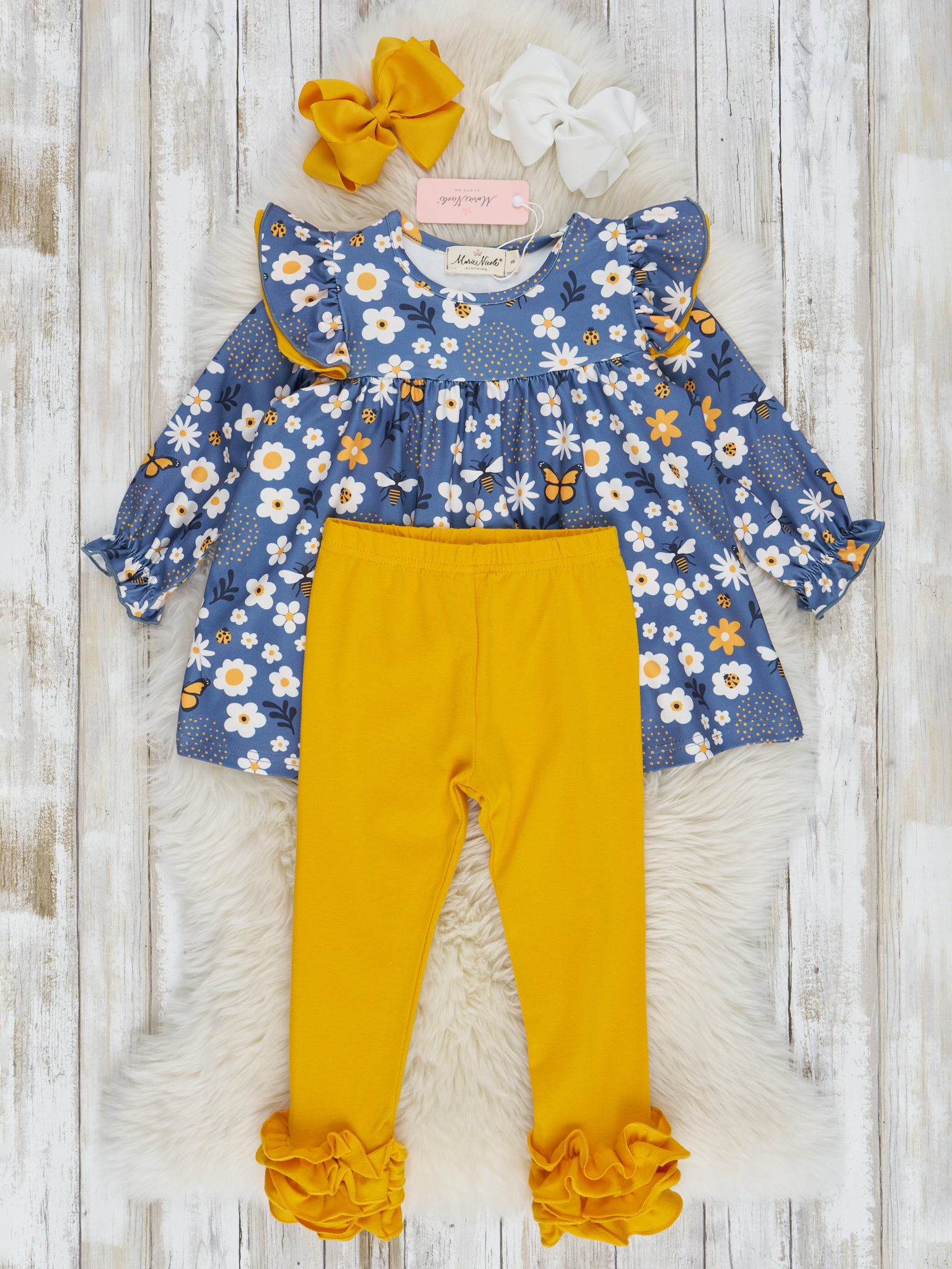 Blue & White Bee Floral Ruffle Outfit - Marie Nicole Clothing