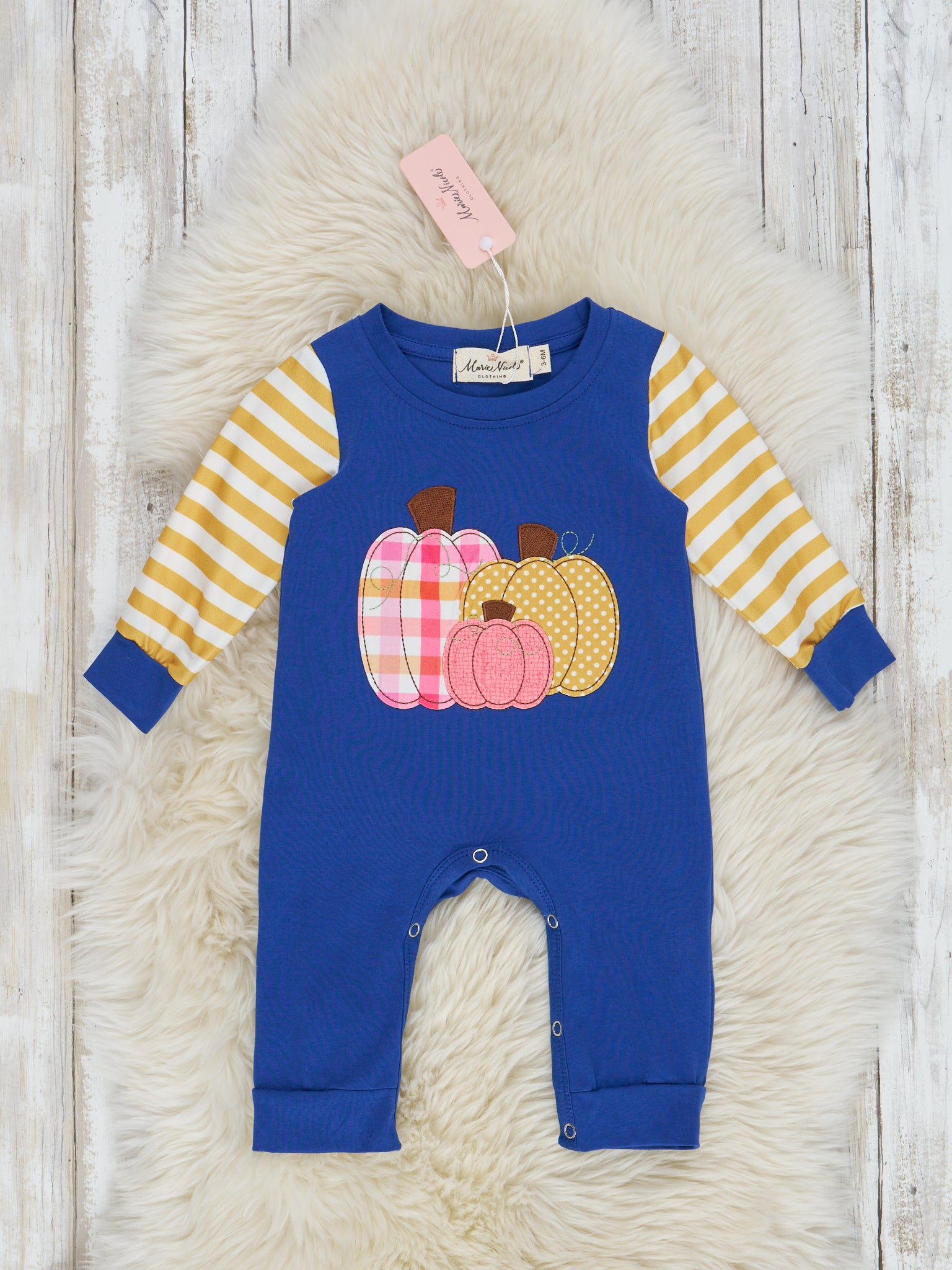 Navy & Yellow Stripe Embroidered Pumpkin Romper - Marie Nicole Clothing