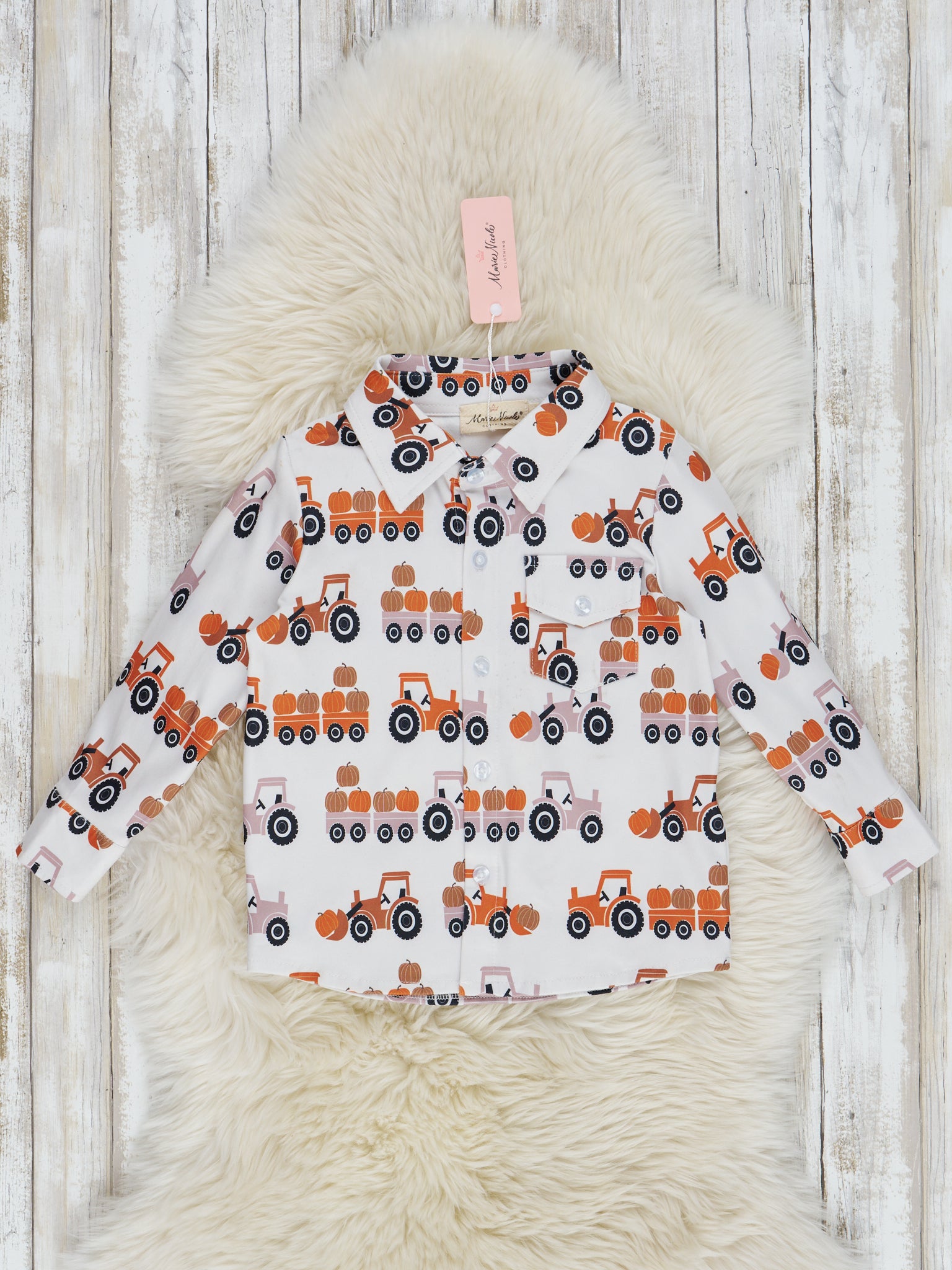 Sepia Pumpkin Tractor Button Up Shirt - Marie Nicole Clothing