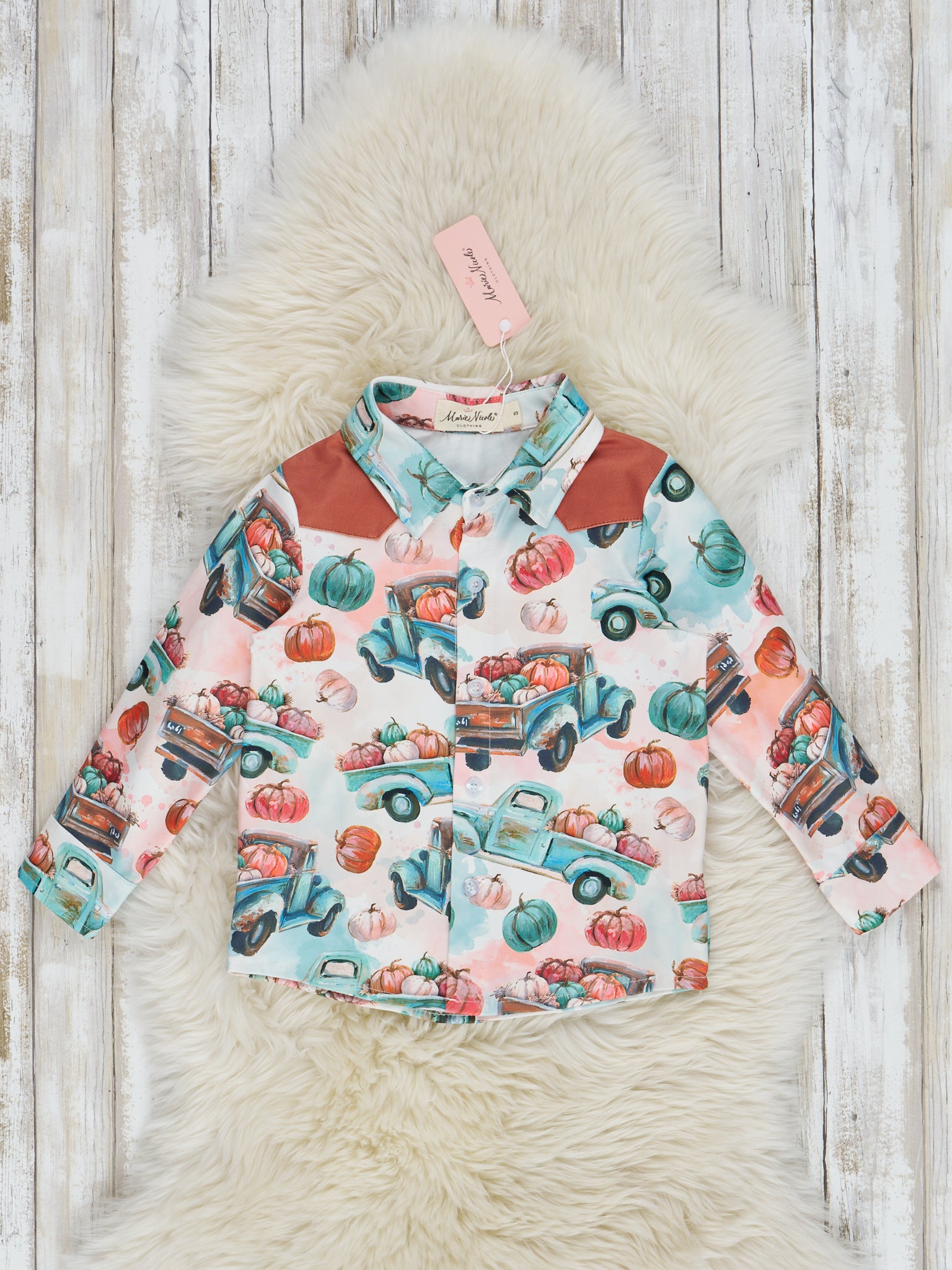 Minty Pumpkin Truck & Patches Button Up Shirt - Marie Nicole Clothing