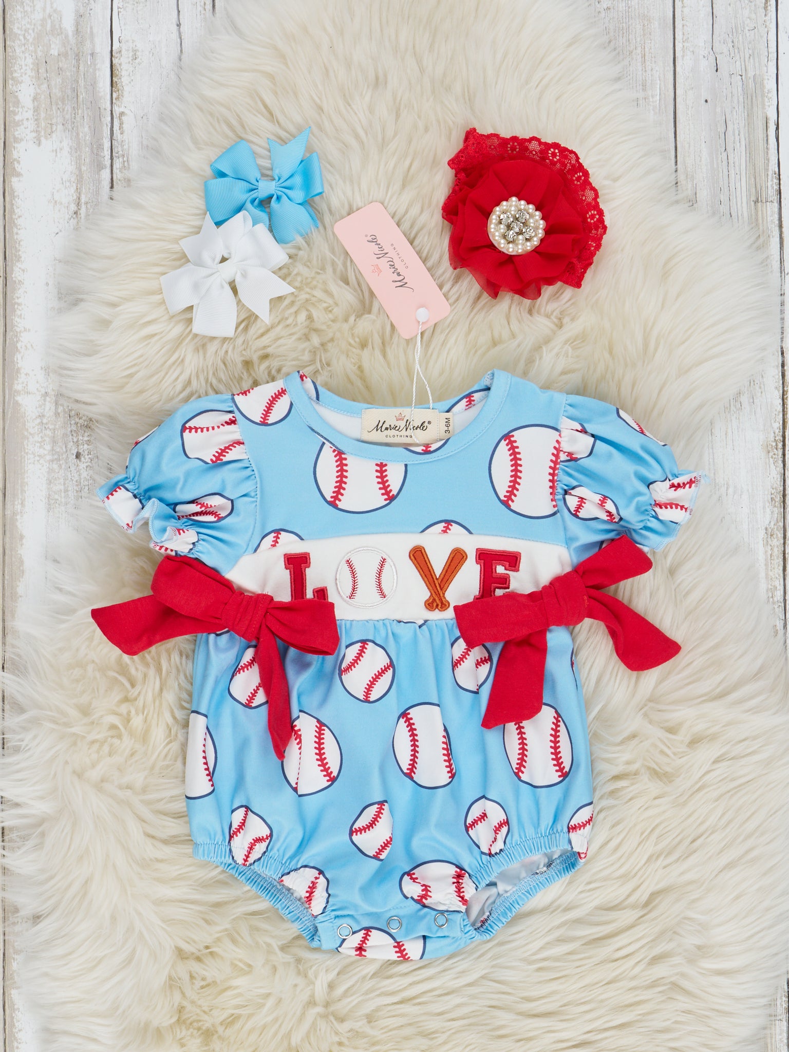 Light Blue & Ruby Bow Smocked Baseball Romper - Marie Nicole Clothing