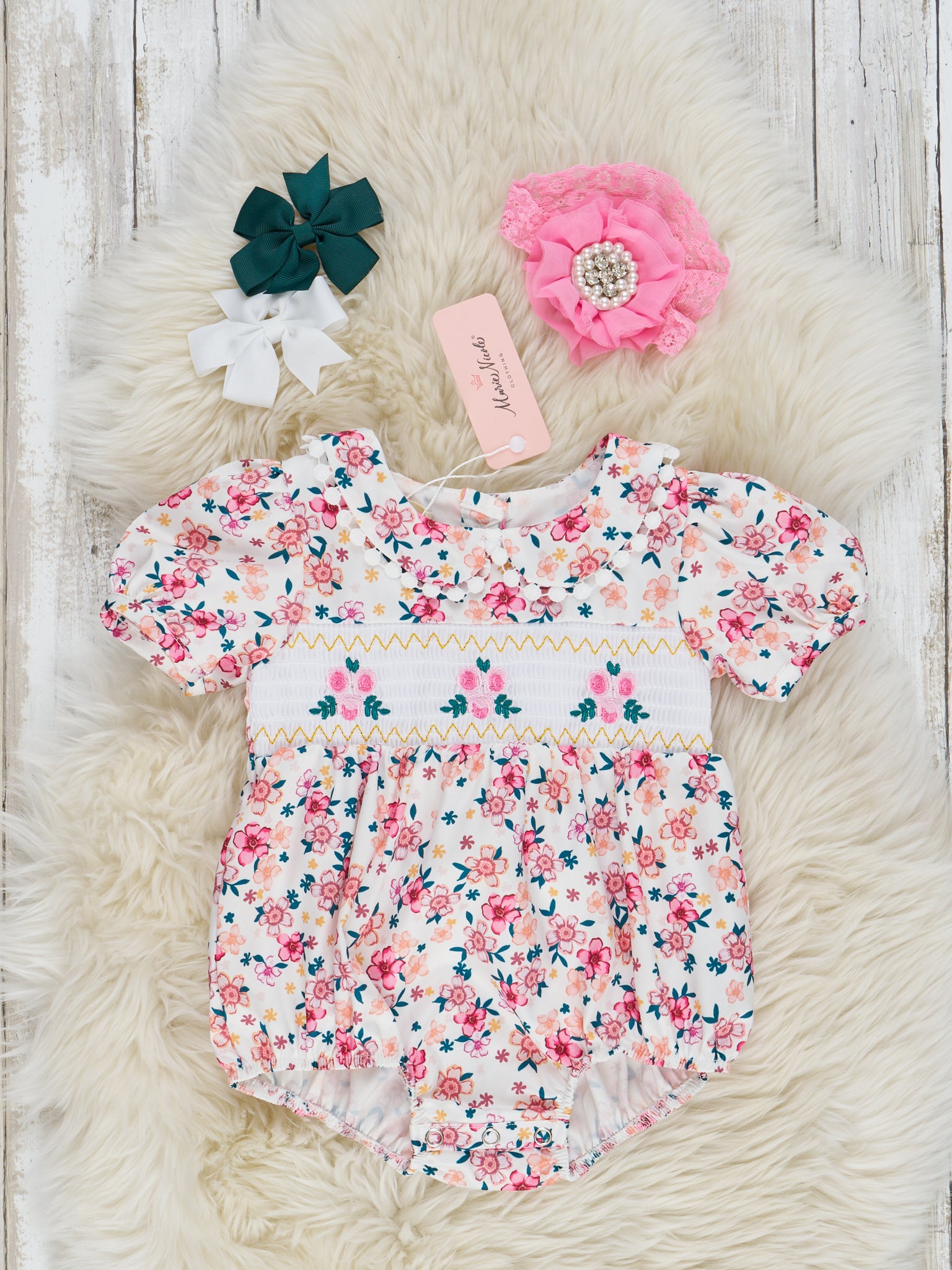 Pink & Yellow Ditsy Flower Smocked Bubble Romper - Marie Nicole Clothing