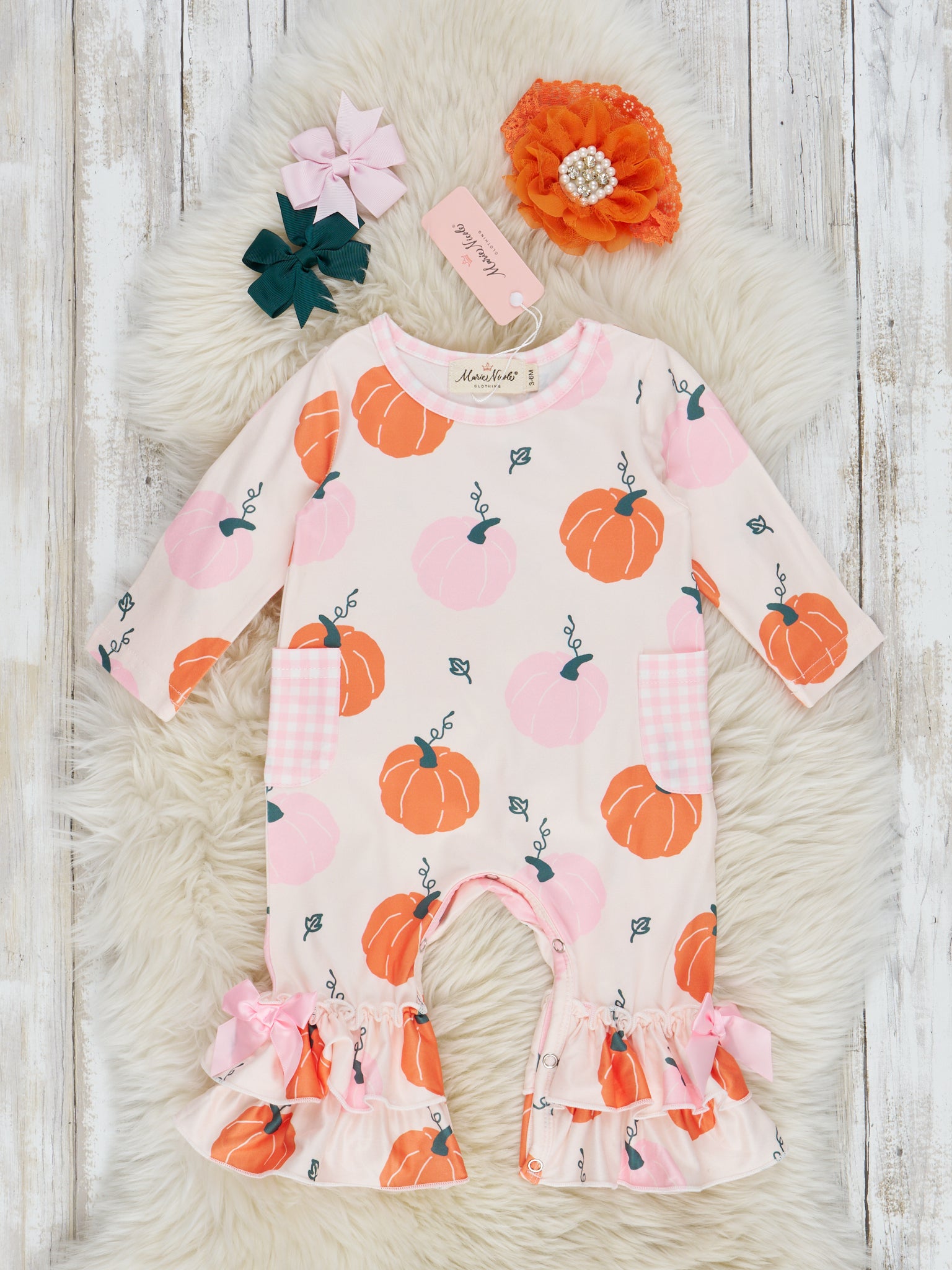 Pink & Orange Sweet Gourds Gingham Ruffle Romper - Marie Nicole Clothing