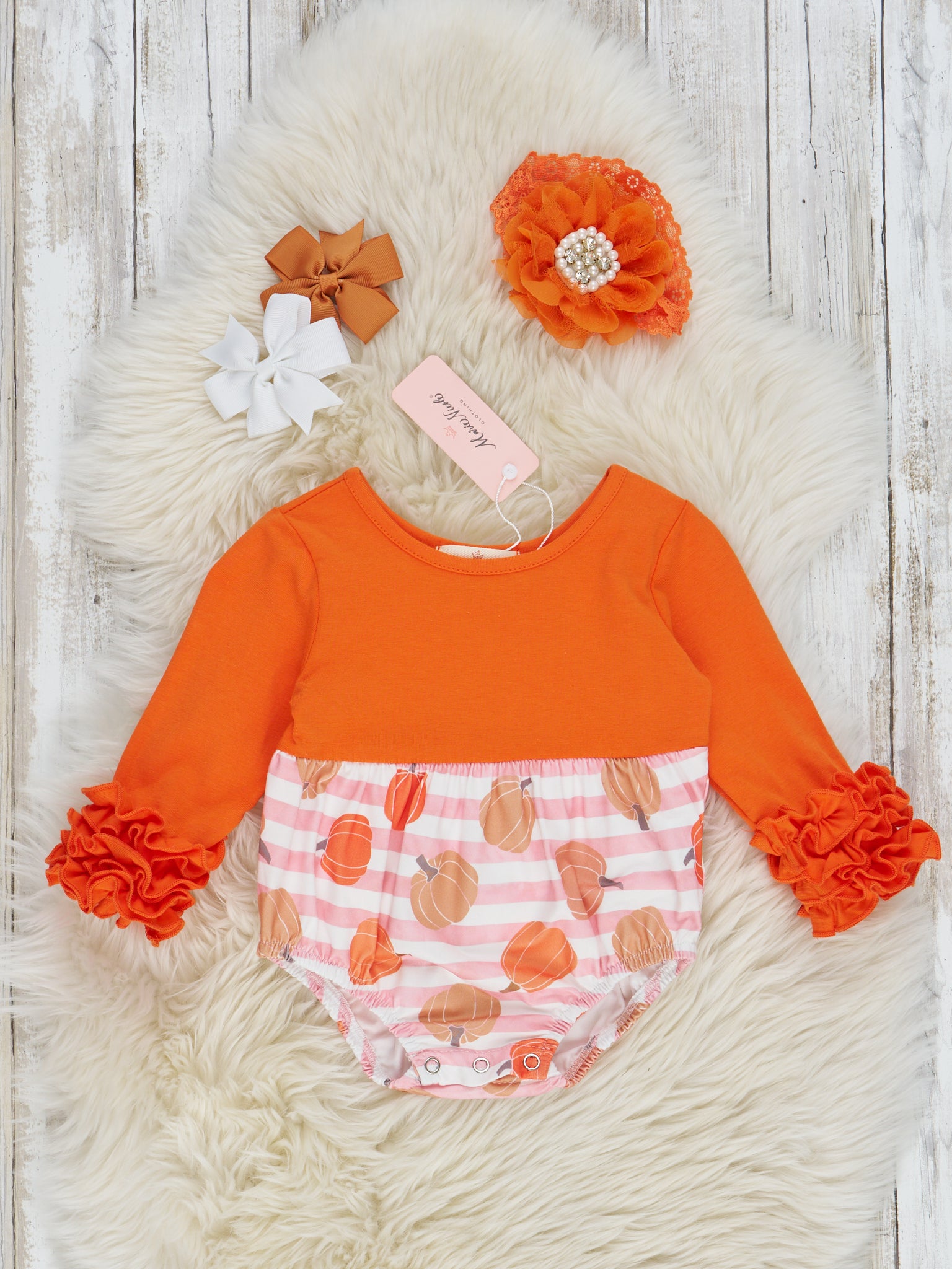 Orange & Pink Stripe Gourds Ruffle Romper - Marie Nicole Clothing