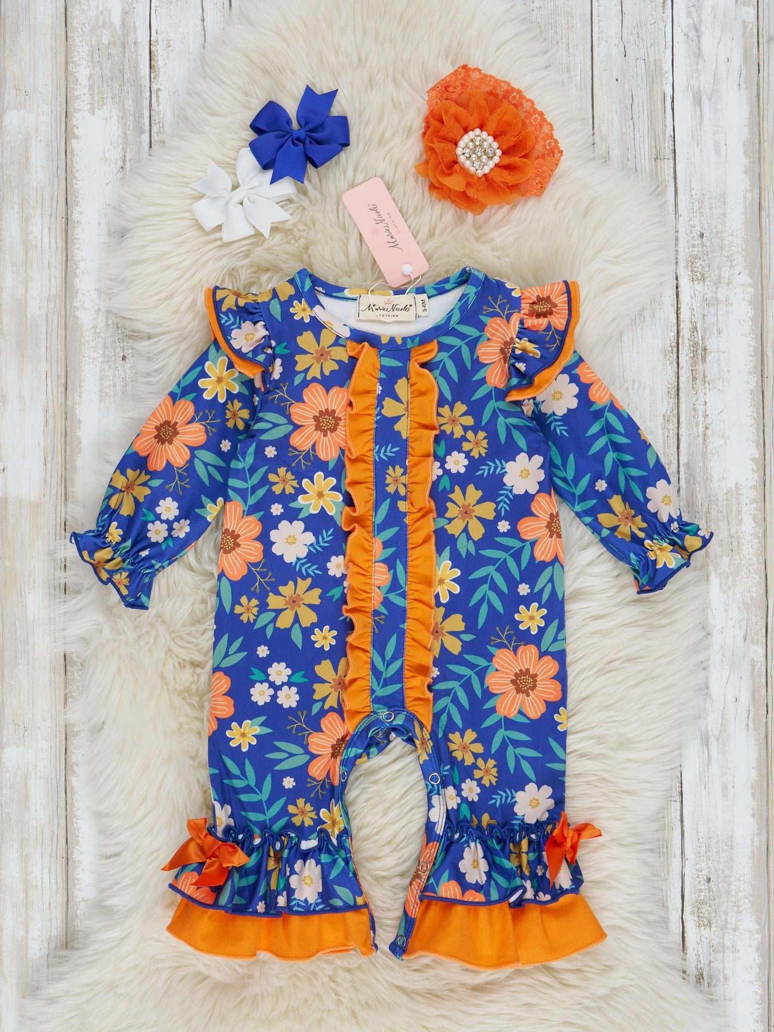 Tangerine & Blue Floral Ruffle Romper - Marie Nicole Clothing