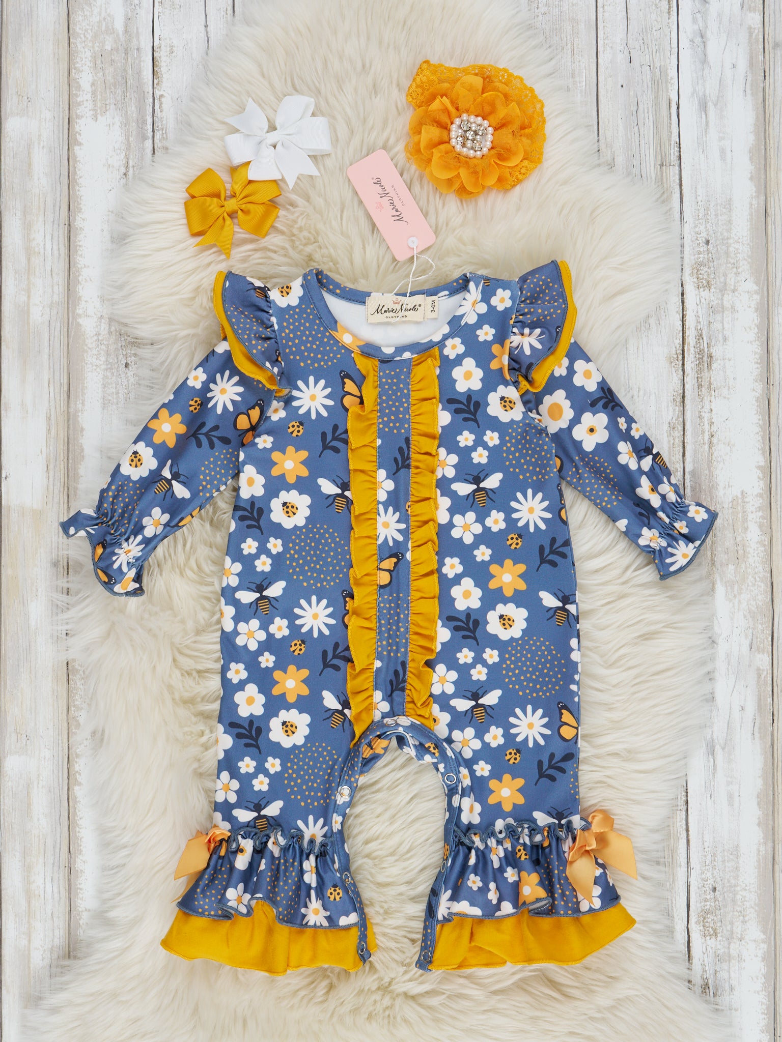 Blue & White Bee Floral Ruffle Romper - Marie Nicole Clothing