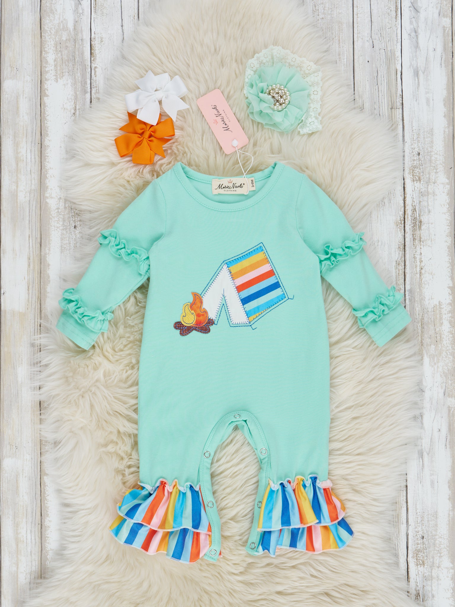 Cerulean Rainbow Campfire Ruffle Romper - Marie Nicole Clothing