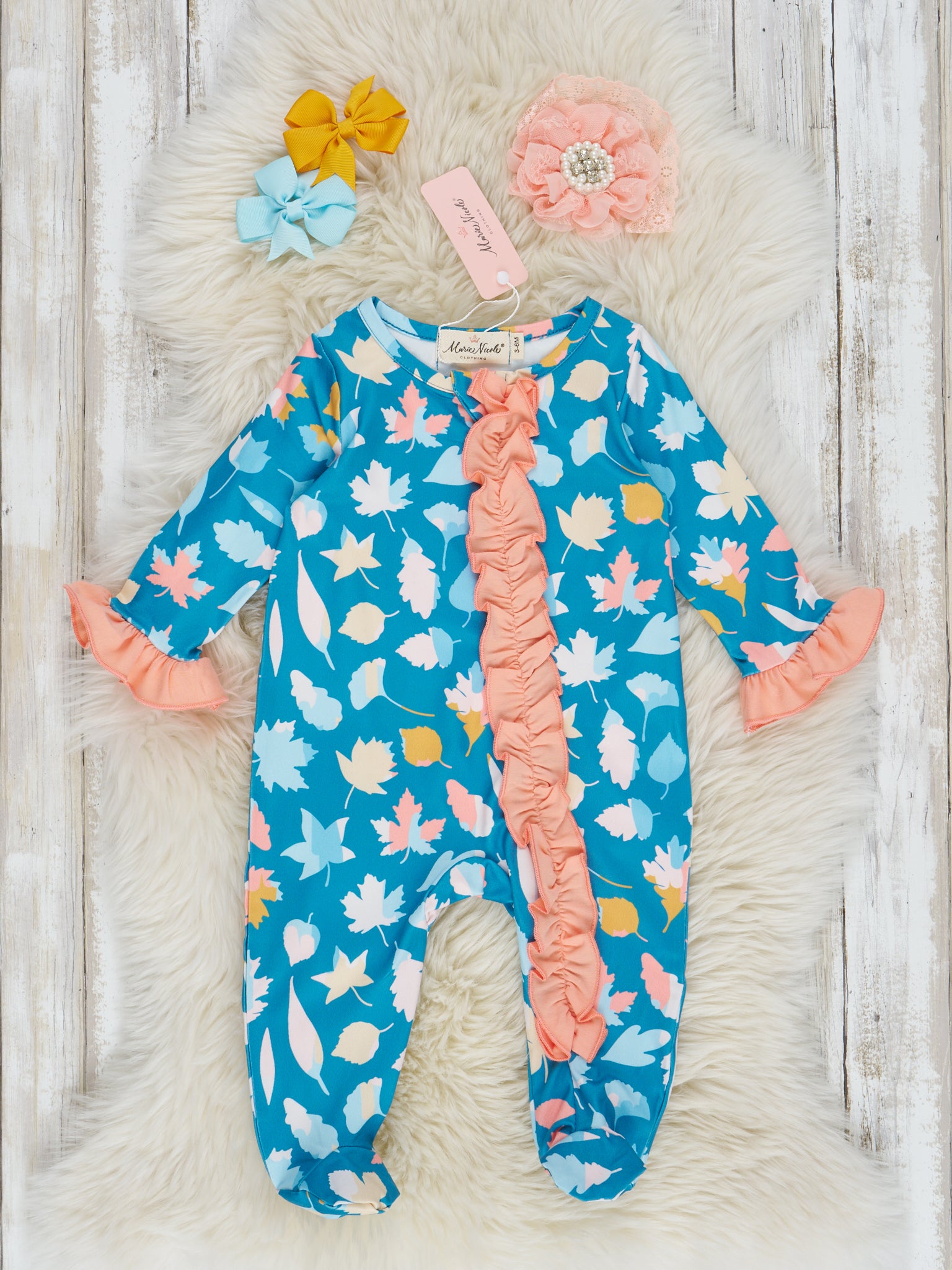 Teal & Coral Autumn Leaves Footed Sleeper Pajamas - Marie Nicole Clothing