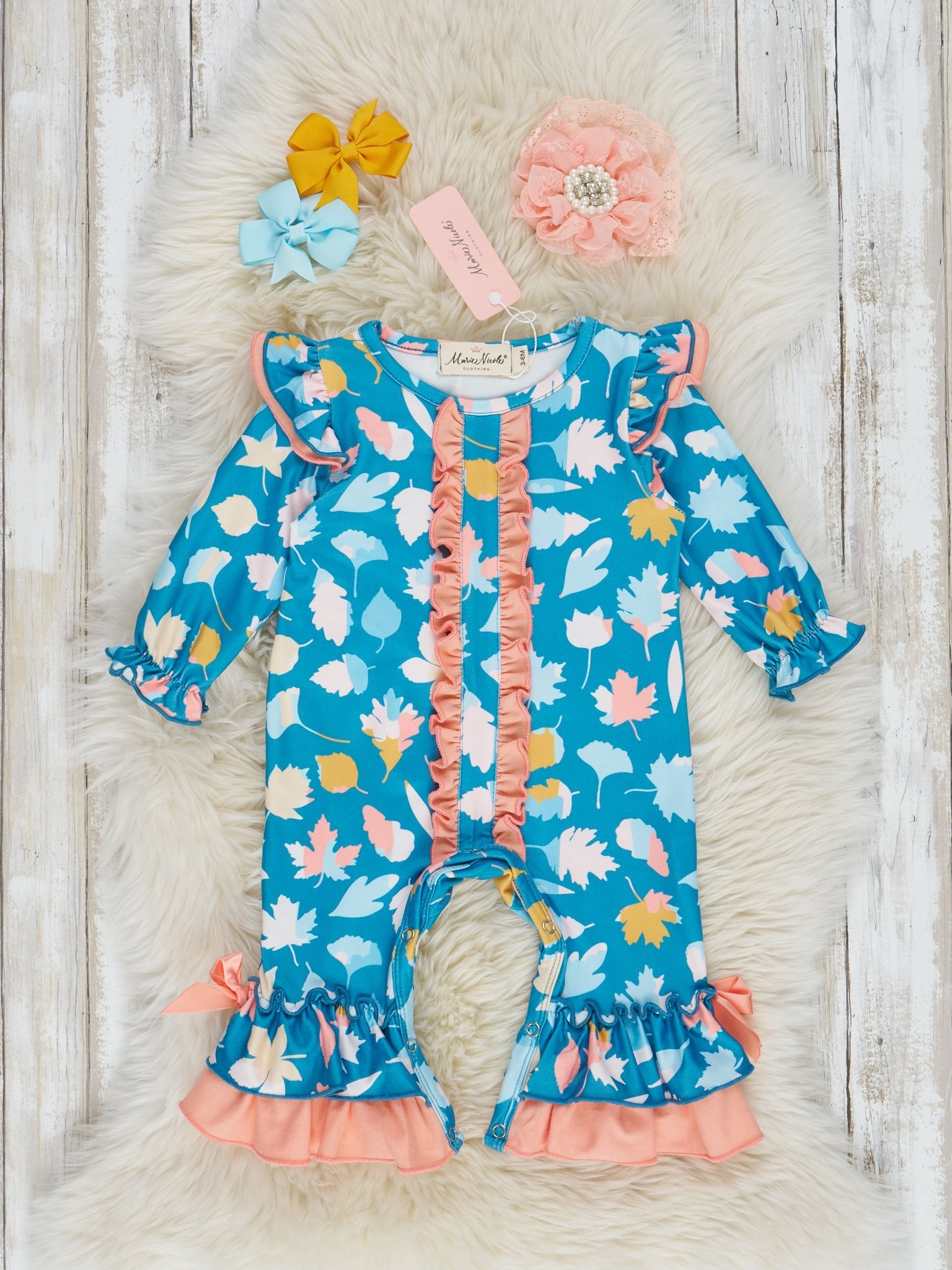Teal & Coral Autumn Leaves Ruffle Romper - Marie Nicole Clothing