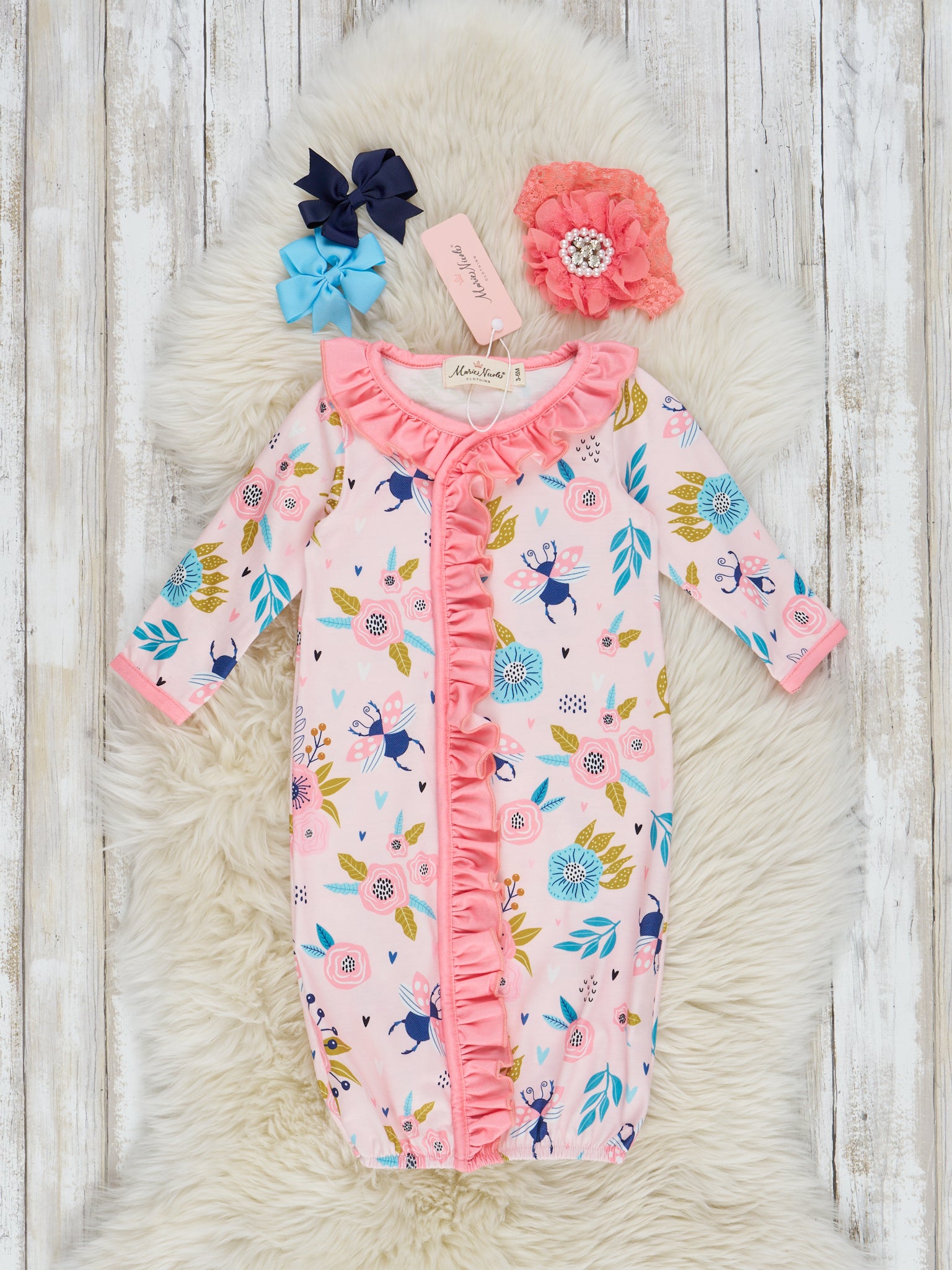 Pink Little Bug Floral Ruffle Sleep Gown - Marie Nicole Clothing