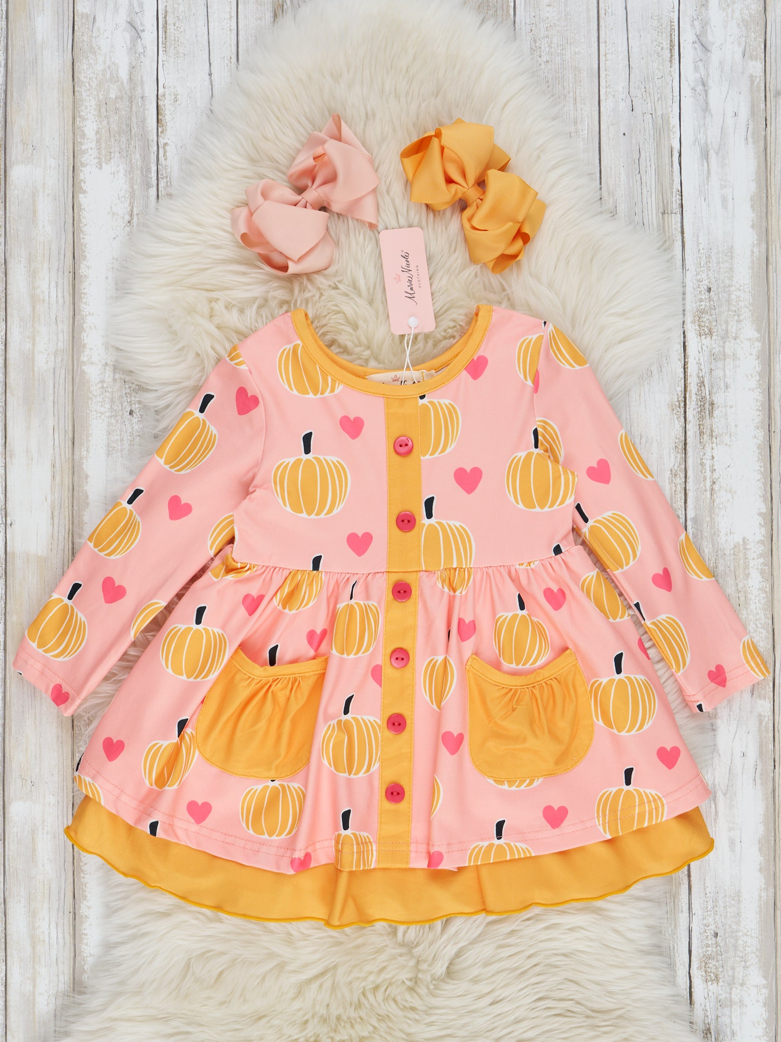 Pink & Orange Pumpkin Heart Tiered Ruffle Dress - Marie Nicole Clothing